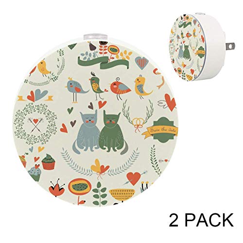 Romantic LED Night Light for Couples - Cat & Bird Design, Auto Sensor, Perfect for Bedroom, Hallway & Kitchen - Set of 2, Ideal for Nighttime Safety and Cozy Ambiance