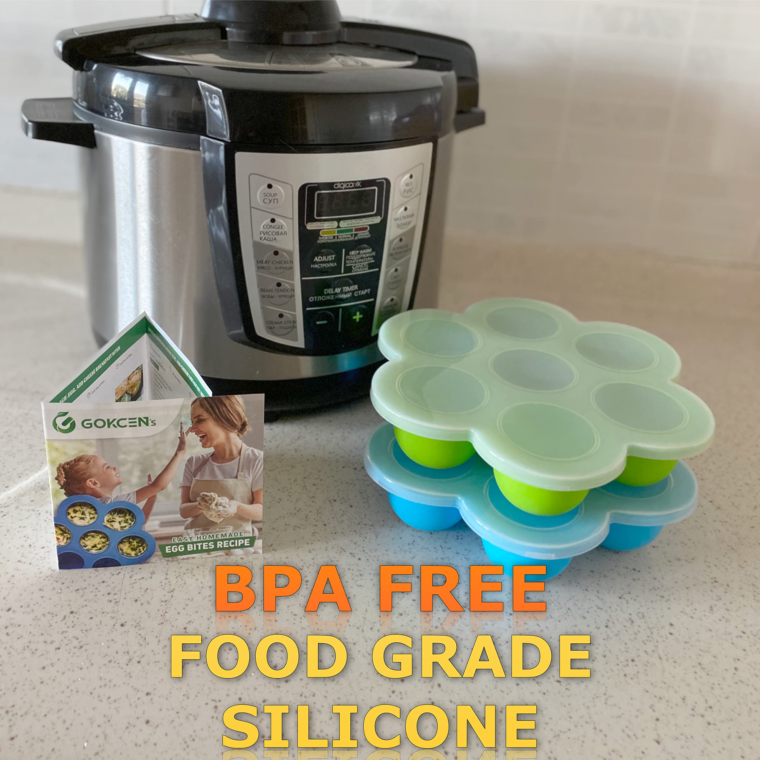 GOKCEN 2-Pack Silicone Egg Bite Molds for Instant Pot 5,6,8 qt Pressure Cooker - Reusable Freezer-Safe Food Storage Containers with Lid (Blue & Green) - Perfect for Meal Prep, Sous Vide, and Healthy Snacks