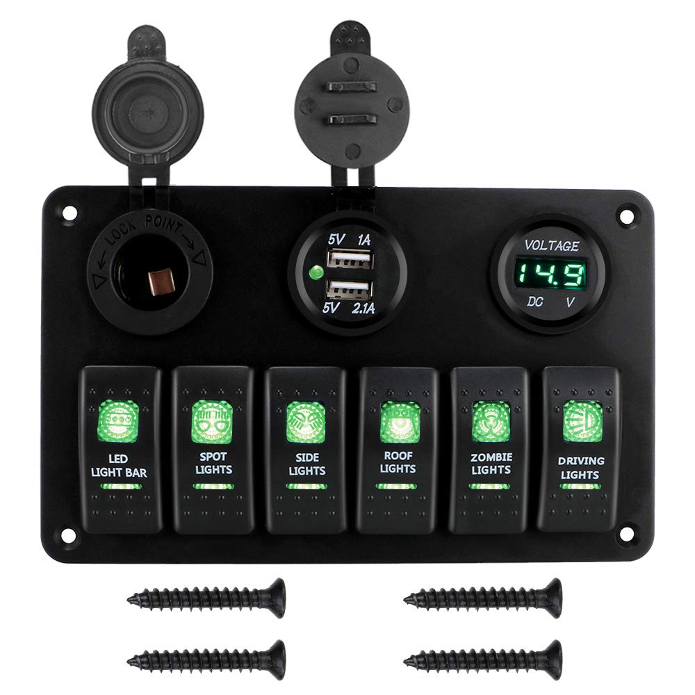 NOPNOG 6 Gang Car Rocker Switch Panel with ON/Off Lights, Dual USB Ports & LED Digital Voltmeter - Waterproof 12V/24V DC Power Control Panel for Cars, Marine Boats, Campers, RVs & Caravans (Green) - Perfect for Off-Road Adventures, Road Trips & Vehicle Electrical System Management