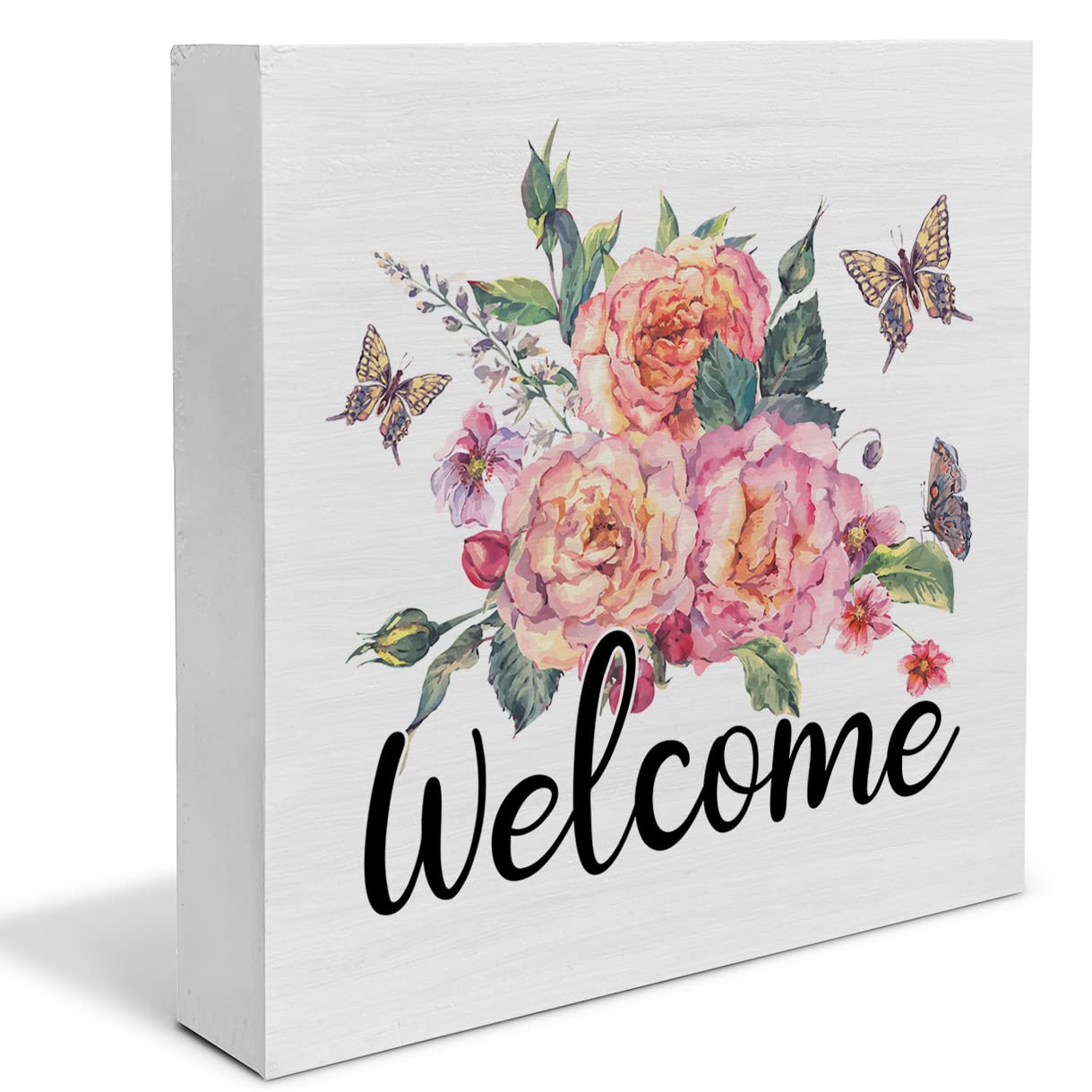 Floral Butterflies Welcome Wooden Box Sign - Farmhouse Spring Decor, 5x5 Inch Wooden Art Block for Desk, Shelf, or Tabletop - Perfect for Home, Office, and Gift Giving