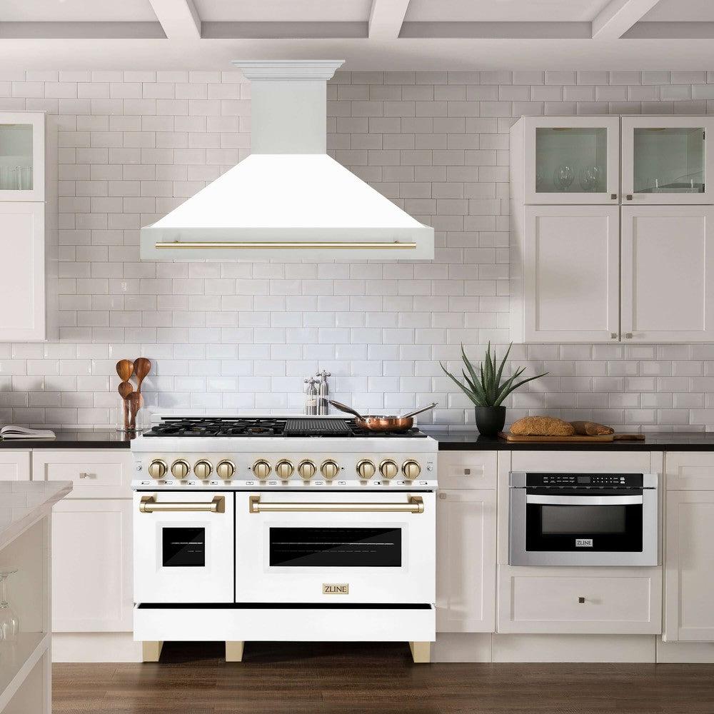 ZLINE Autograph Edition 48-Inch Stainless Steel Range Hood with White Matte Shell & Accent Handle (8654STZ WM48) - Premium Kitchen Ventilation for Modern Homes