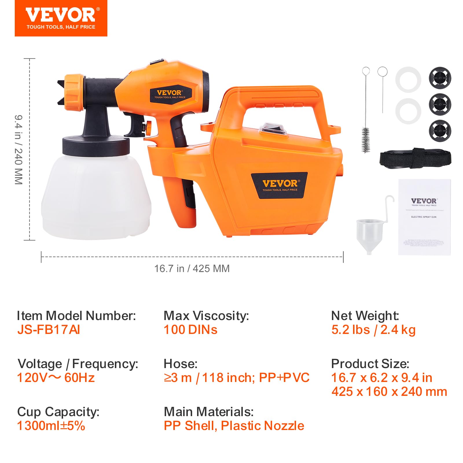 VEVOR 800W HVLP Electric Paint Spray Gun with 1300ml Container, 10FT Air Hose, 3 Spray Patterns & 4 Nozzles - Perfect for House Painting, Interior/Exterior Walls, Fences, Furniture and DIY Projects
