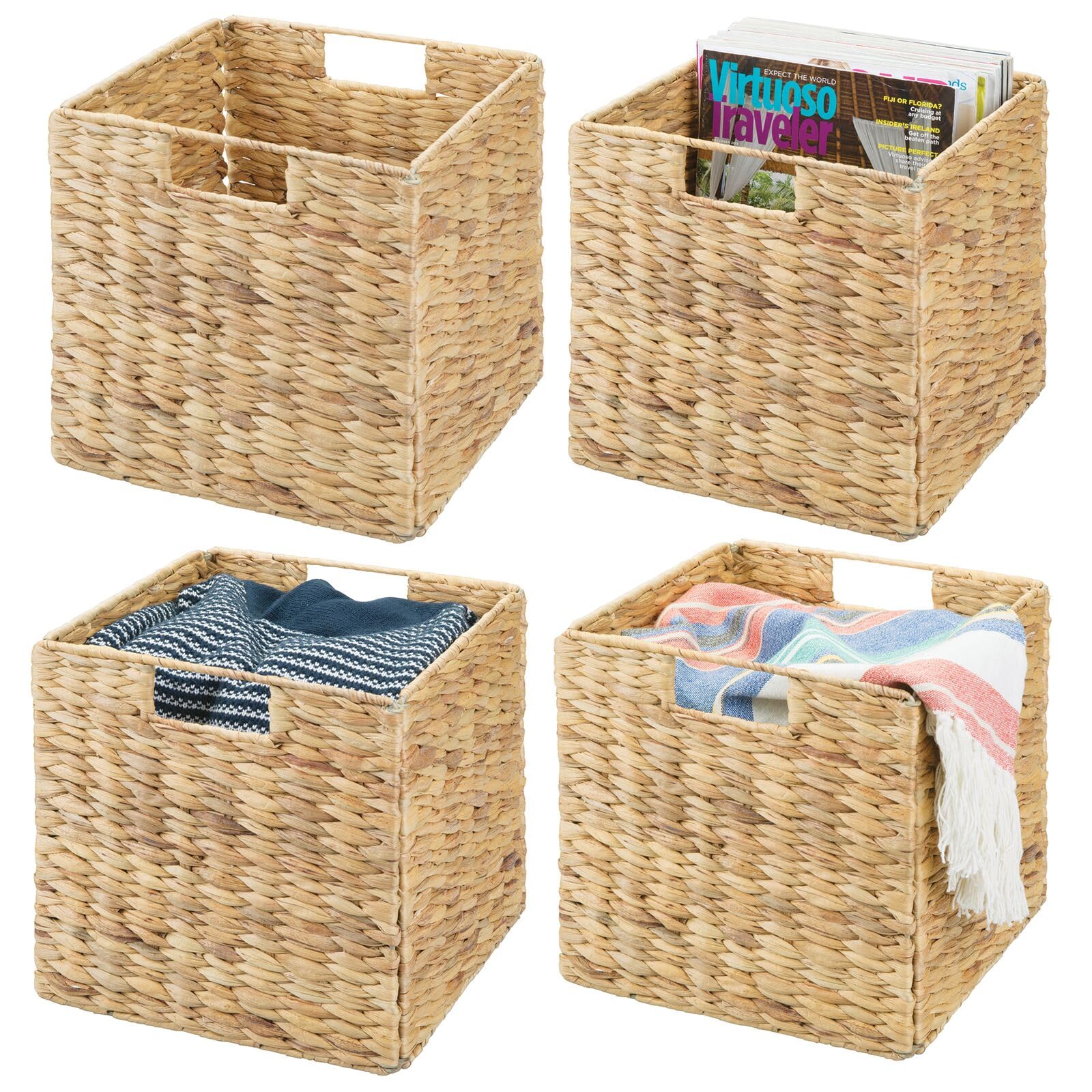 mDesign Natural Woven Hyacinth Cube Organizer Basket with Handles - 4 Pack Storage Bins for Bathroom, Laundry Room, Nursery & Cubby Units - Perfect for Organizing Blankets, Books & Home Essentials | Space-Saving Home Decor Solution