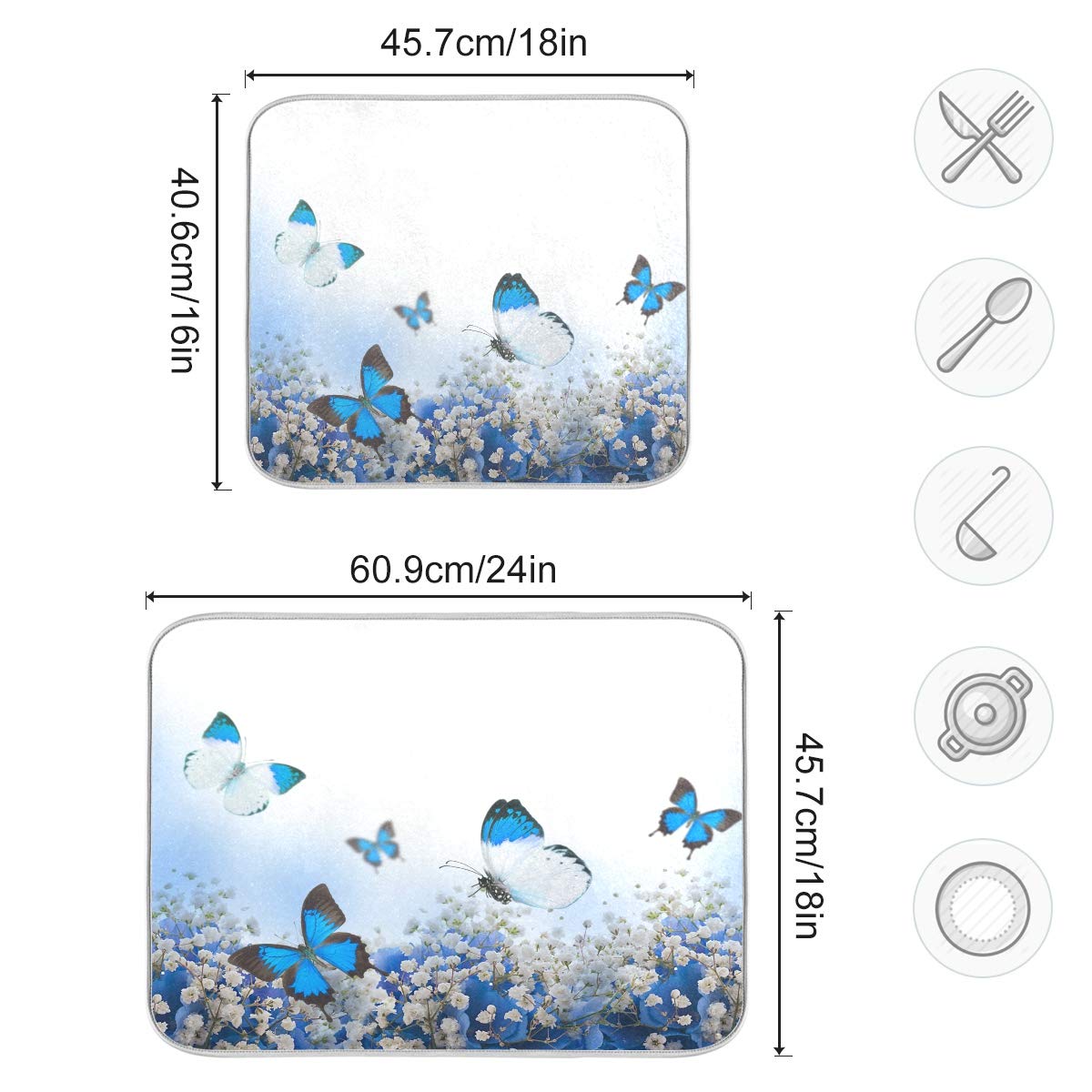 Susiyo Super Absorbent Microfiber Dish Drying Mat - Blue Hydrangeas & Butterfly Design - Heat-Resistant Kitchen Counter Mat (18x24 Inch) for Drying Dishes, Utensils & Cookware - Perfect for Kitchen Countertops, Sink Areas & Dish Rack Protection