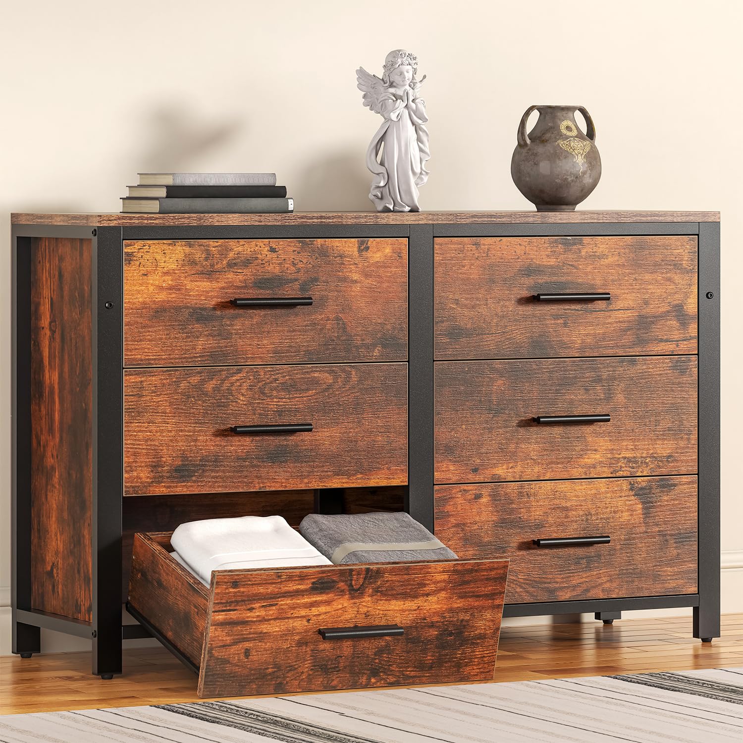 Rustic Brown Wooden Dresser for Bedroom - 6-Drawer Wide Dresser with Metal Frame, TV Stand & Deep Storage Drawers | Perfect for Bedroom Organization, Living Room Storage & Home Decor (Rustic Brown)
