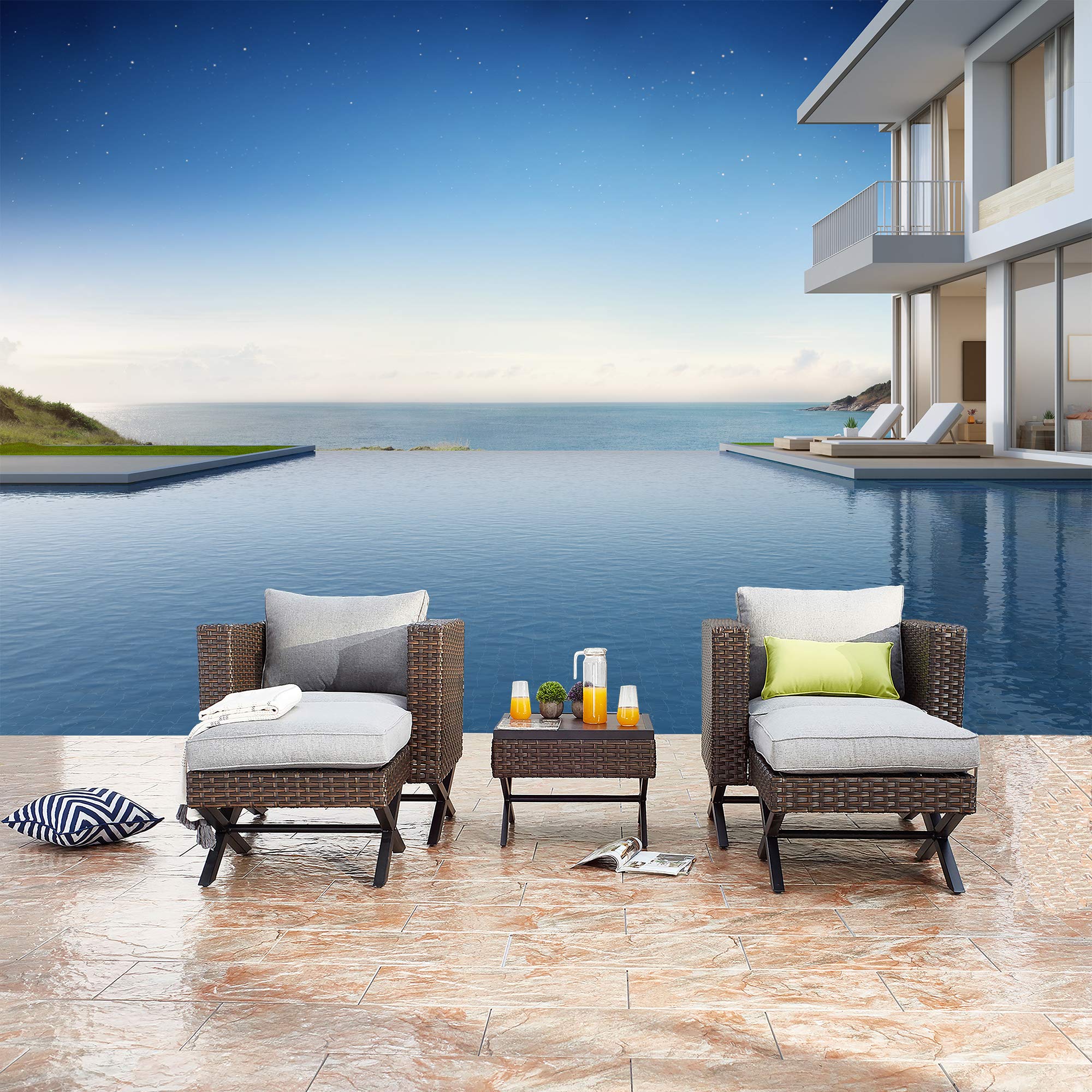 5-Piece Outdoor Patio Furniture Set - Brown Wicker Rattan Chairs with Grey Cushions, Ottoman & Metal Frame Coffee Table - Garden Conversation Set for Backyard, Poolside or Bistro Seating