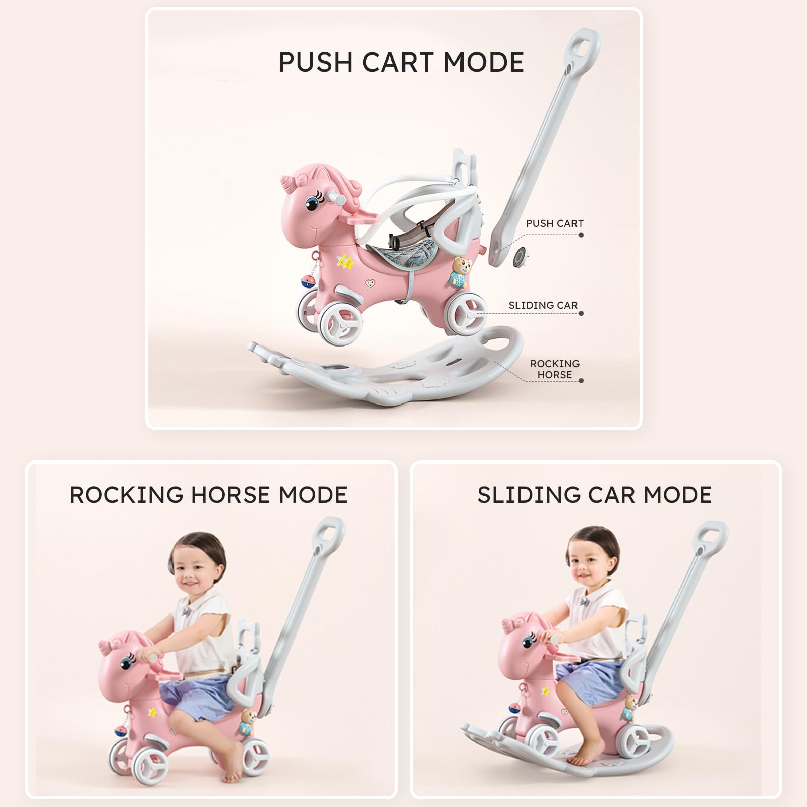 4 in 1 Rocking Horse & Balance Bike for Toddlers 1.5-3 Years Old - Push Handle Ride On Toy with Backrest & Balance Board - Perfect Birthday Gift for Baby Girls & Boys (Upgraded Pink) - Indoor & Outdoor Play, Early Learning Development Toy