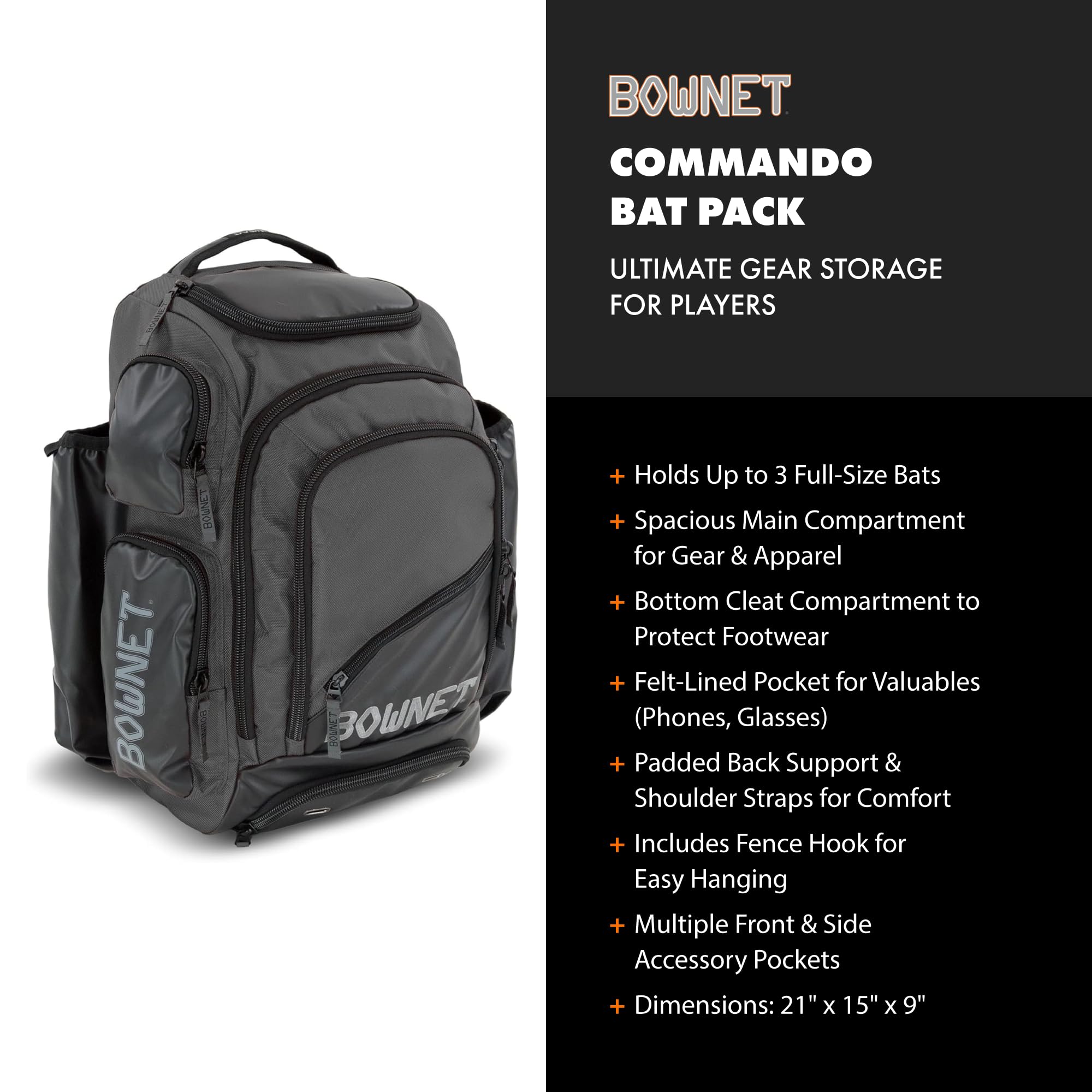 Bownet Commando Bat Bag - Baseball Backpack for Boys & Girls - Holds 3 Full-Size Bats - Large Main Compartment - Perfect for Youth Baseball Practice & Games