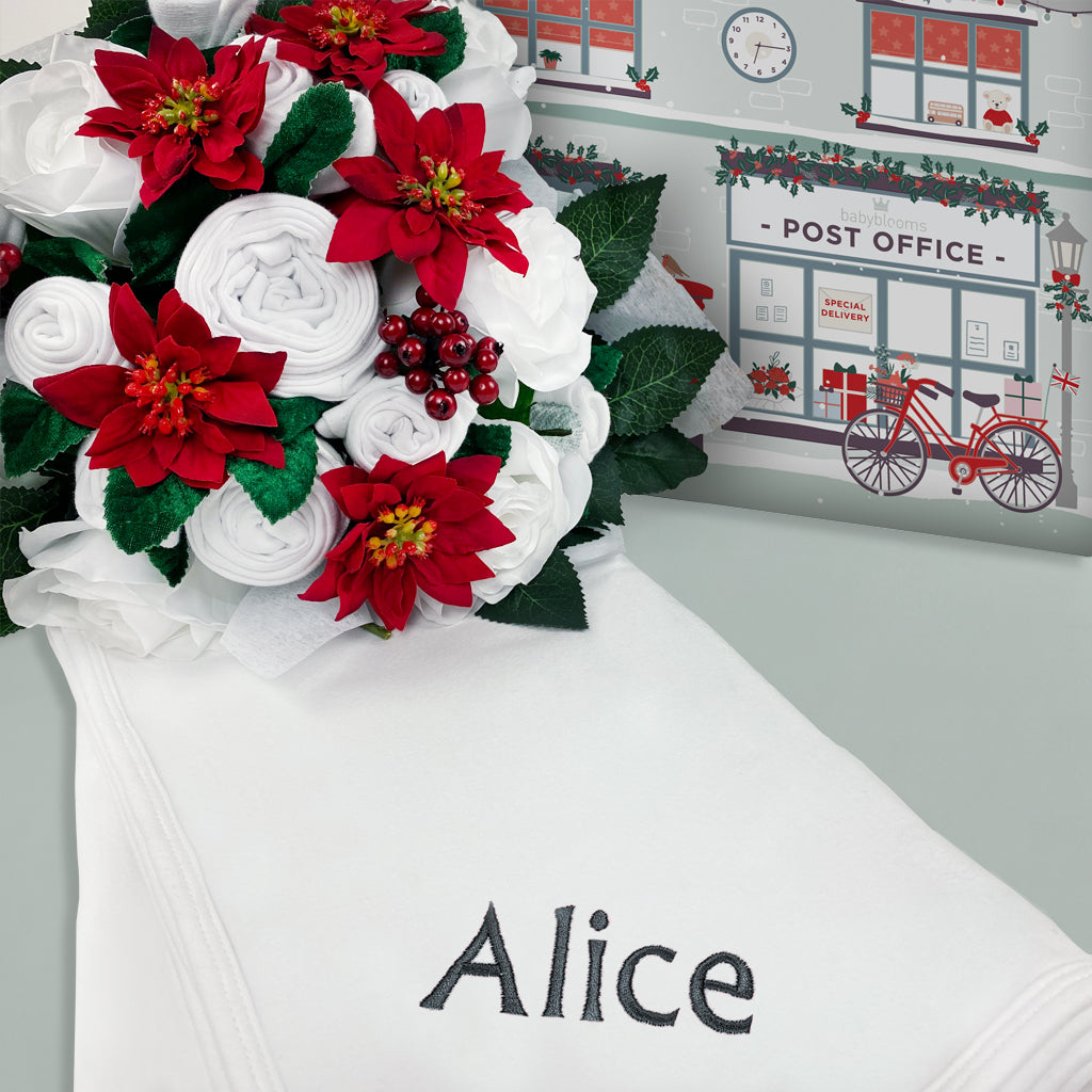 Luxury Christmas Rose Baby Clothes Bouquet with Personalized Snuggle Wrap - Grey | Perfect Baby Shower Gift & Newborn Photo Prop