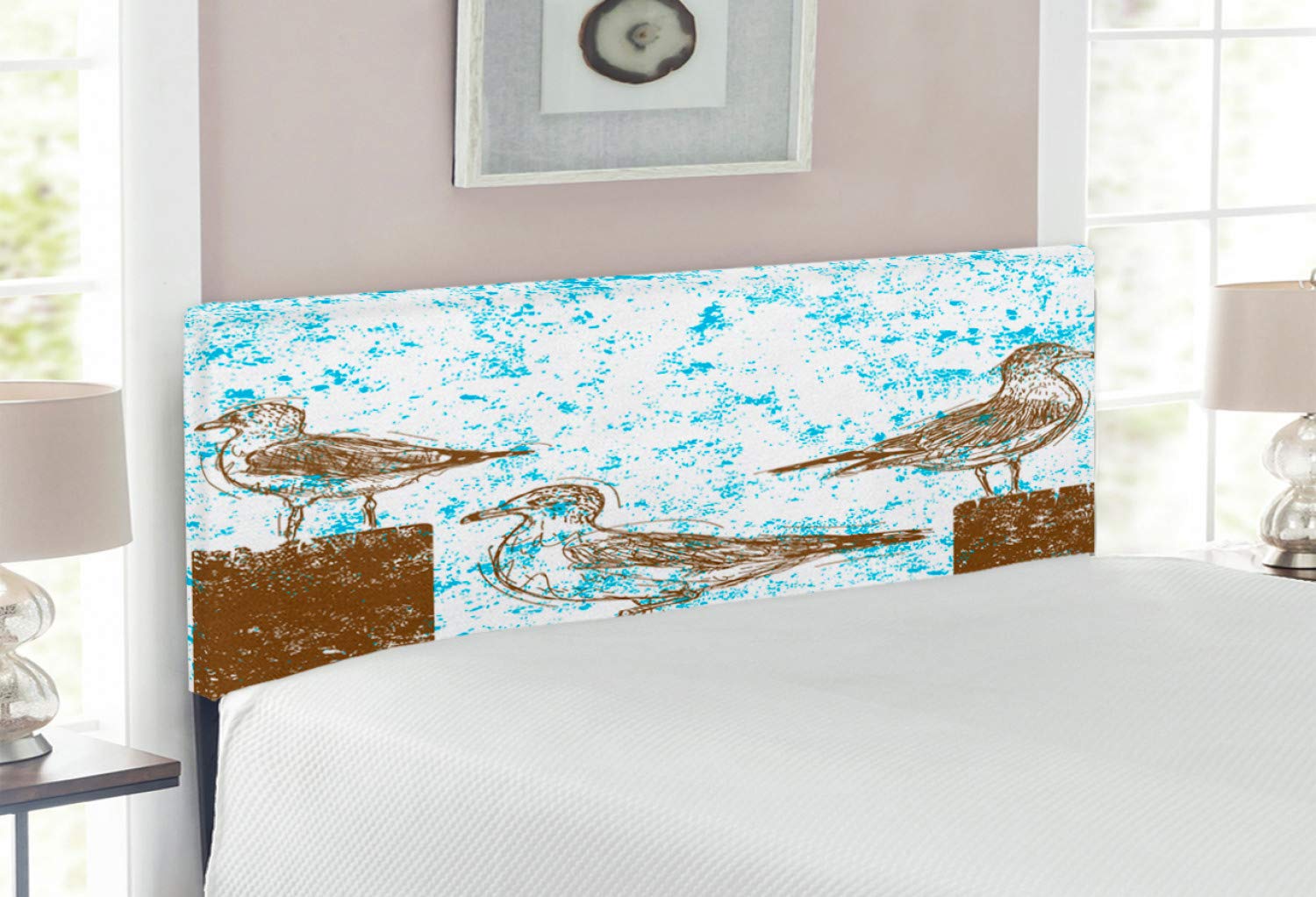 Ambesonne Seagulls Upholstered Headboard - Full Size Blue White Brown Memory Foam Bed Headboard with Grungy Sketch Print of Gulls on Wooden Pillars | Perfect for Coastal, Nautical & Beach Themed Bedrooms