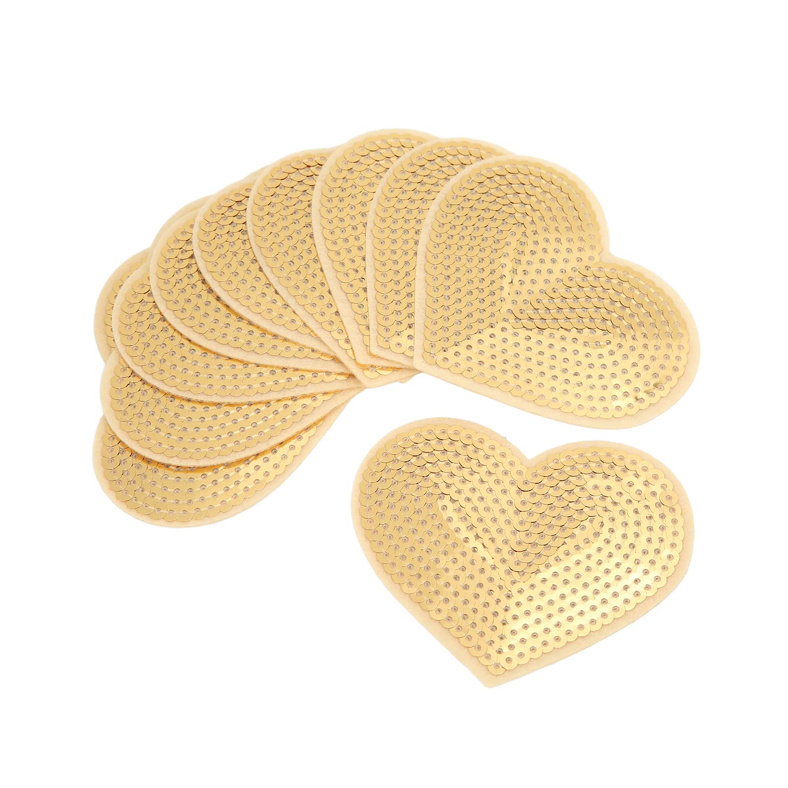 POCREATION 10PCS Heart Gold Embroidered Iron On Patches - 8.2x7cm Cotton DIY Sewing Patches for Clothes, Bags & Hats - Perfect for Covering Holes, Blemishes & DIY Crafts (Great for Denim Jackets, Backpacks & Home Decor Projects)