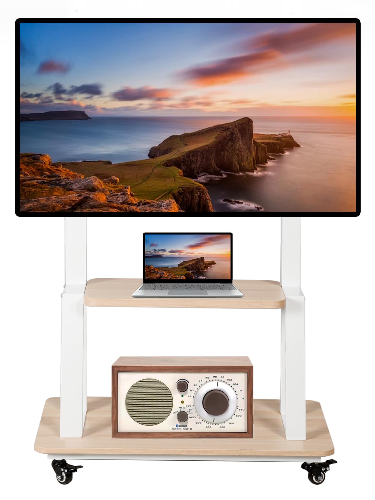 Heavy-Duty Mobile TV Stand for 32-75 Inch Flat/Curved Screens - Adjustable Height Rolling TV Cart with Wheels & Wood Shelf, Supports 100lbs (White) | Perfect for Living Rooms, Bedrooms & Home Theaters