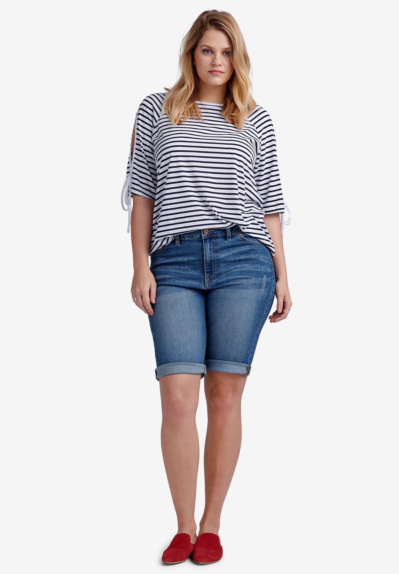 Ellos Women's Plus Size Denim Bermuda Shorts - Comfortable Stretch High Waist Summer Shorts for Casual Wear, Beach & Vacation Outfits