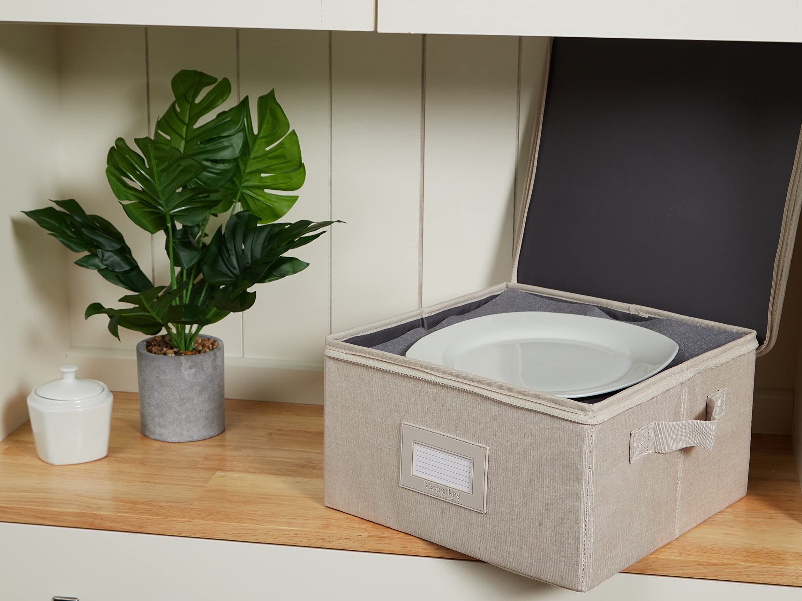 Covermates Keepsakes Dish Storage Box – Stackable Organizer with Reinforced Handles for China & Fine Dining Protection, Beige Heather | Perfect for Holiday China Storage, Buffet Serving, and Kitchen Organization