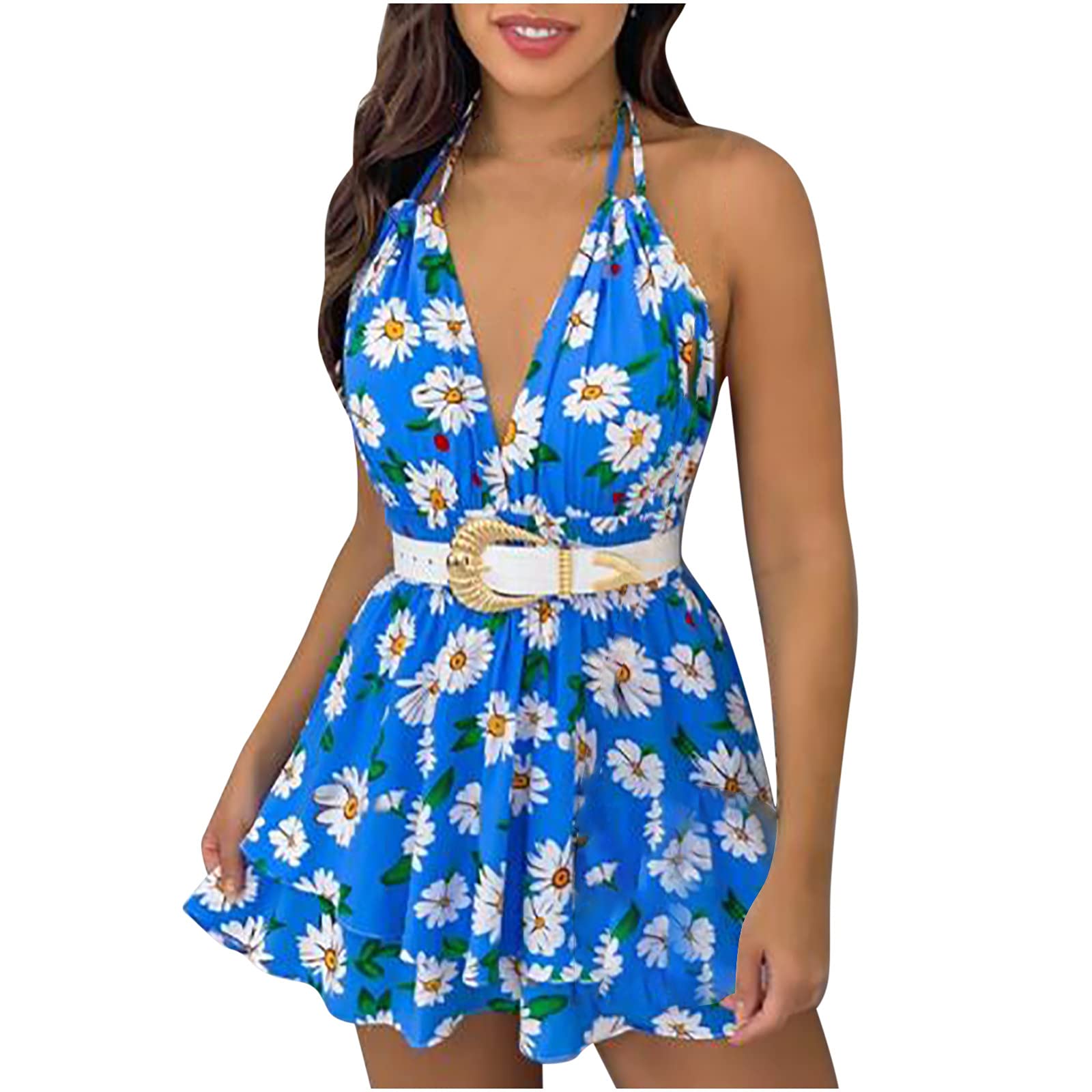 Women's Floral Print Summer Dress - Deep V-Neck Short Sleeve T-Shirt Dress for Casual Wear, Beach Outings & Date Nights