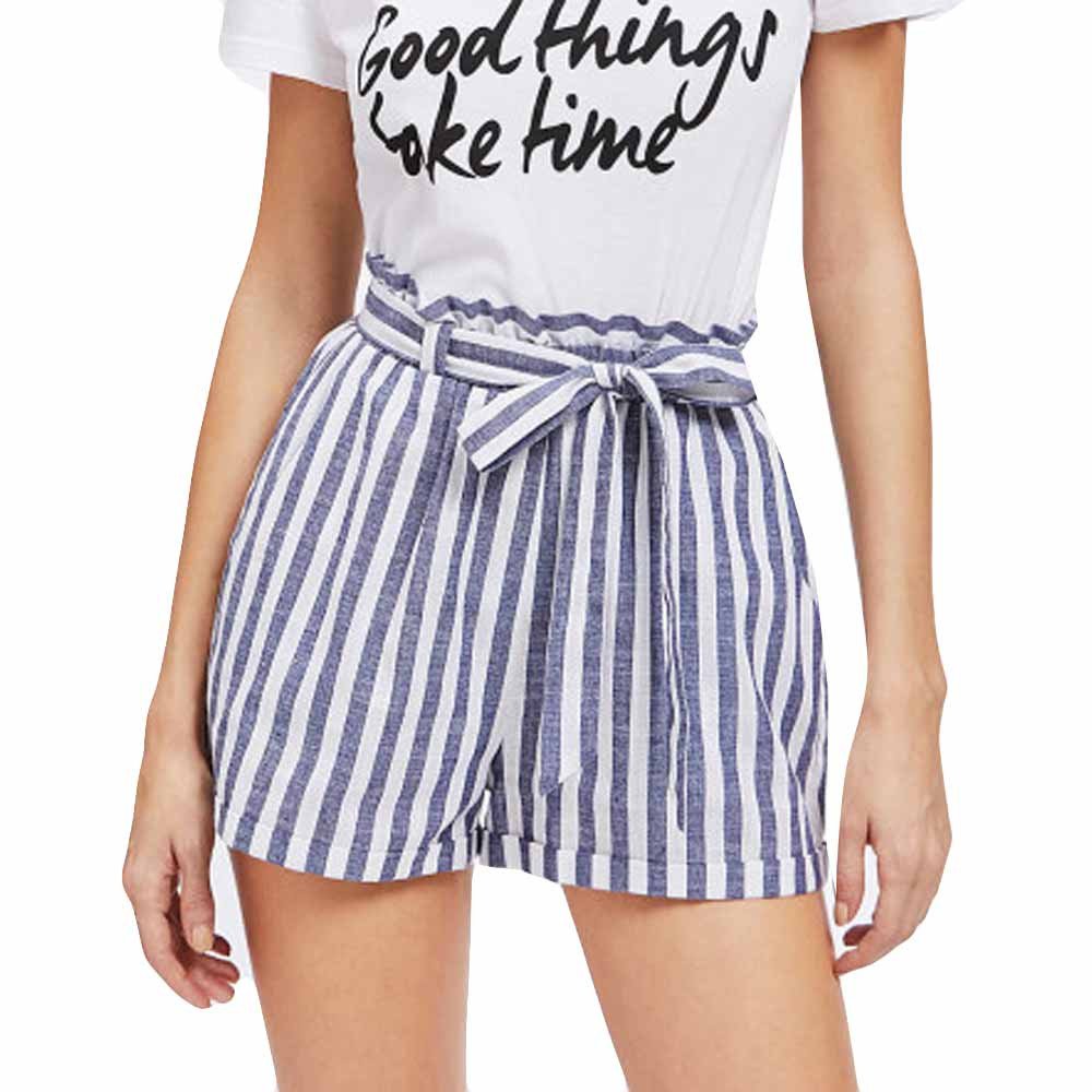 Women's Casual Elastic Waist Striped Shorts with Pockets - Summer Beach Wear