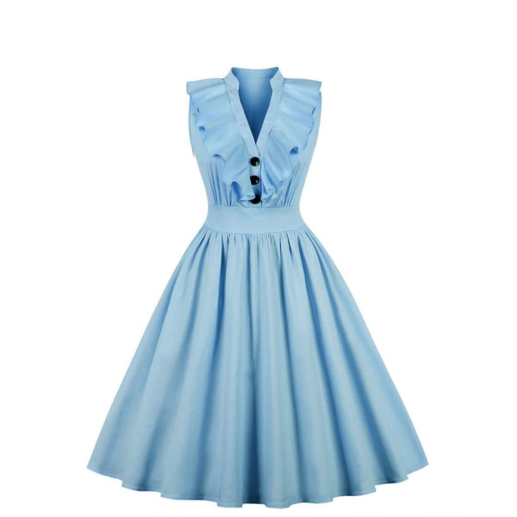 SKREOJF Women's Vintage Ruffle Pleated Summer Dress - Sexy V-Neck Party Tunic in Blue (XX-Large) | Pinup Style, Beach Wedding, Cocktail Night Out