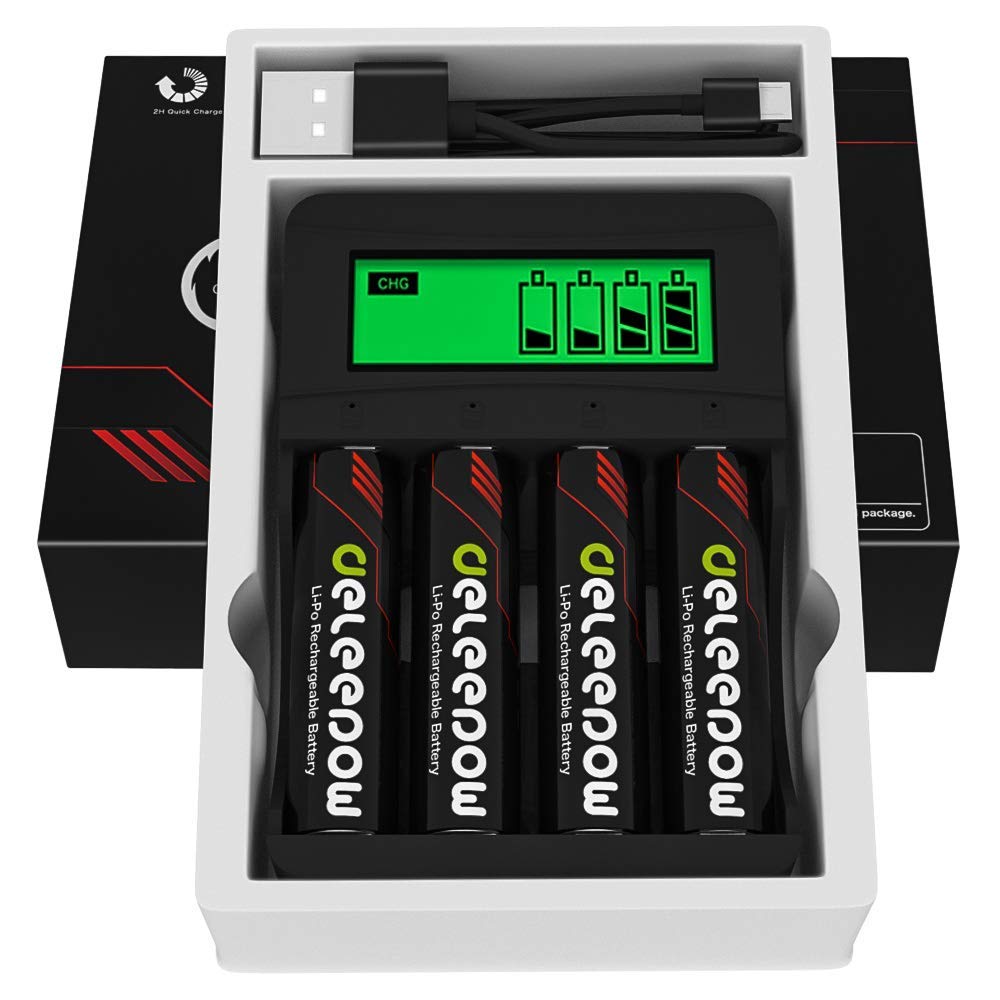 Deleepow 1.5V Rechargeable AA Lithium Batteries 3400mWh 4-Pack with LCD Charger - 1500 Cycles for Cameras, Flashlights, Toys & Electronics - Long Lasting Power Solution