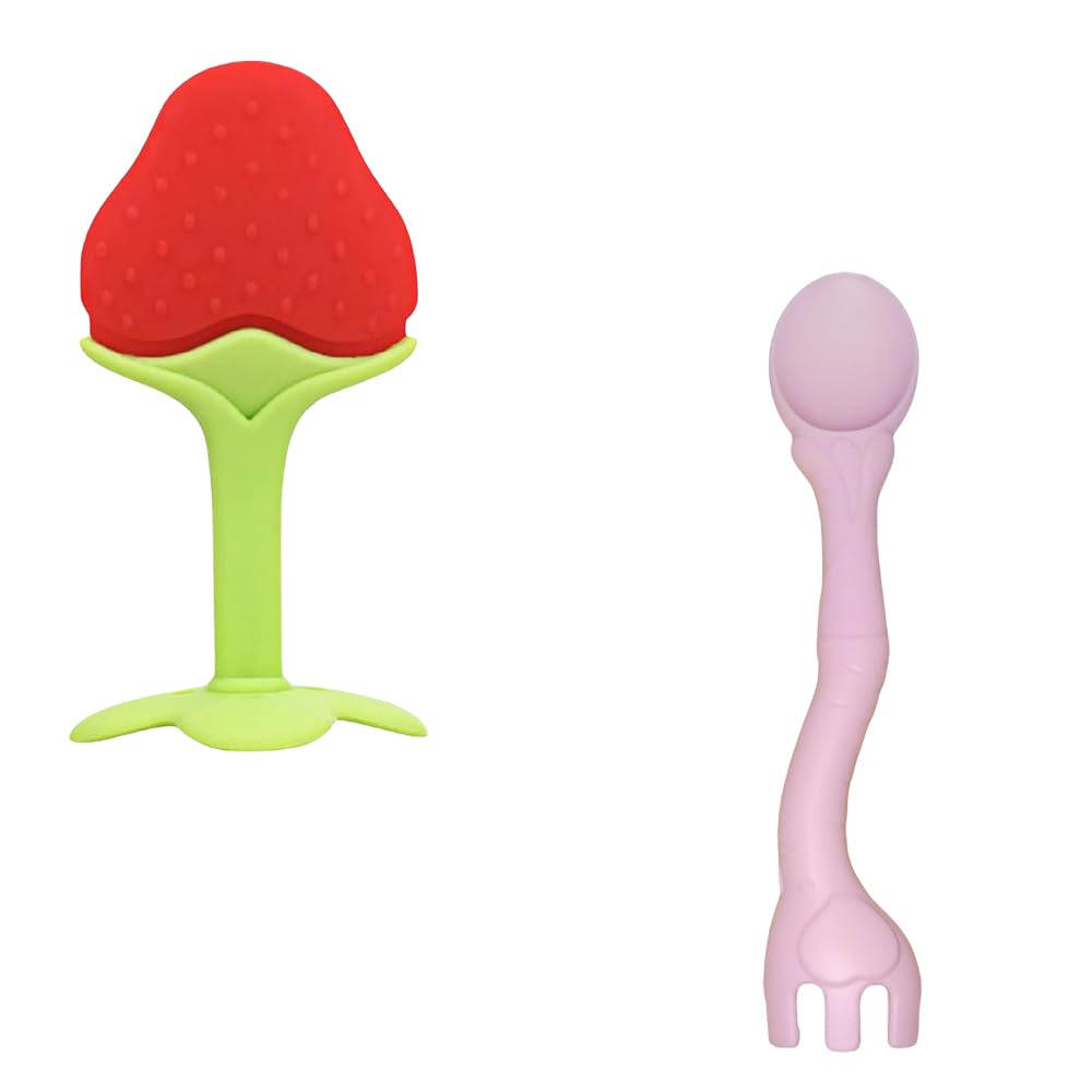 Kritiu BPA-Free Silicone Teether & Baby Spoon Set - Safe Infant Teething Toys & Feeding Utensils for Babies 6+ Months (Red & Pink) - Perfect for Soothing Sore Gums & Introducing Solid Foods