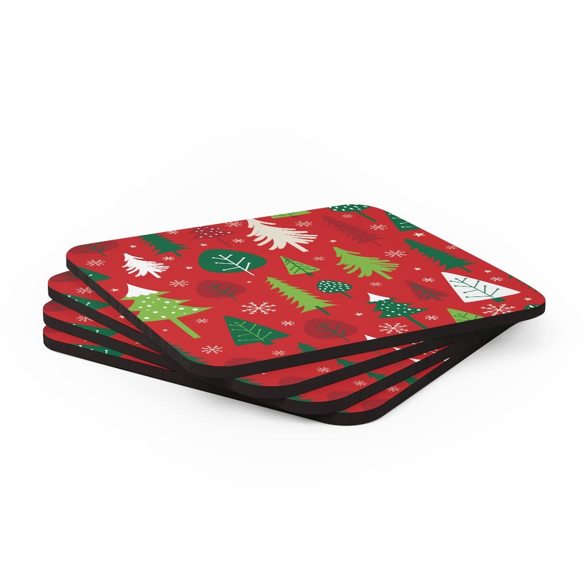 Christmas Wooden Coasters Set of 4 - 3.5 x 3.5 Inch Holiday Tree Printed Drink Coasters for Dining Table, Office & Home Decor - Perfect Xmas Gift for Family & Friends - Ideal for Holiday Parties, Dinner Gatherings and Festive Home Decoration