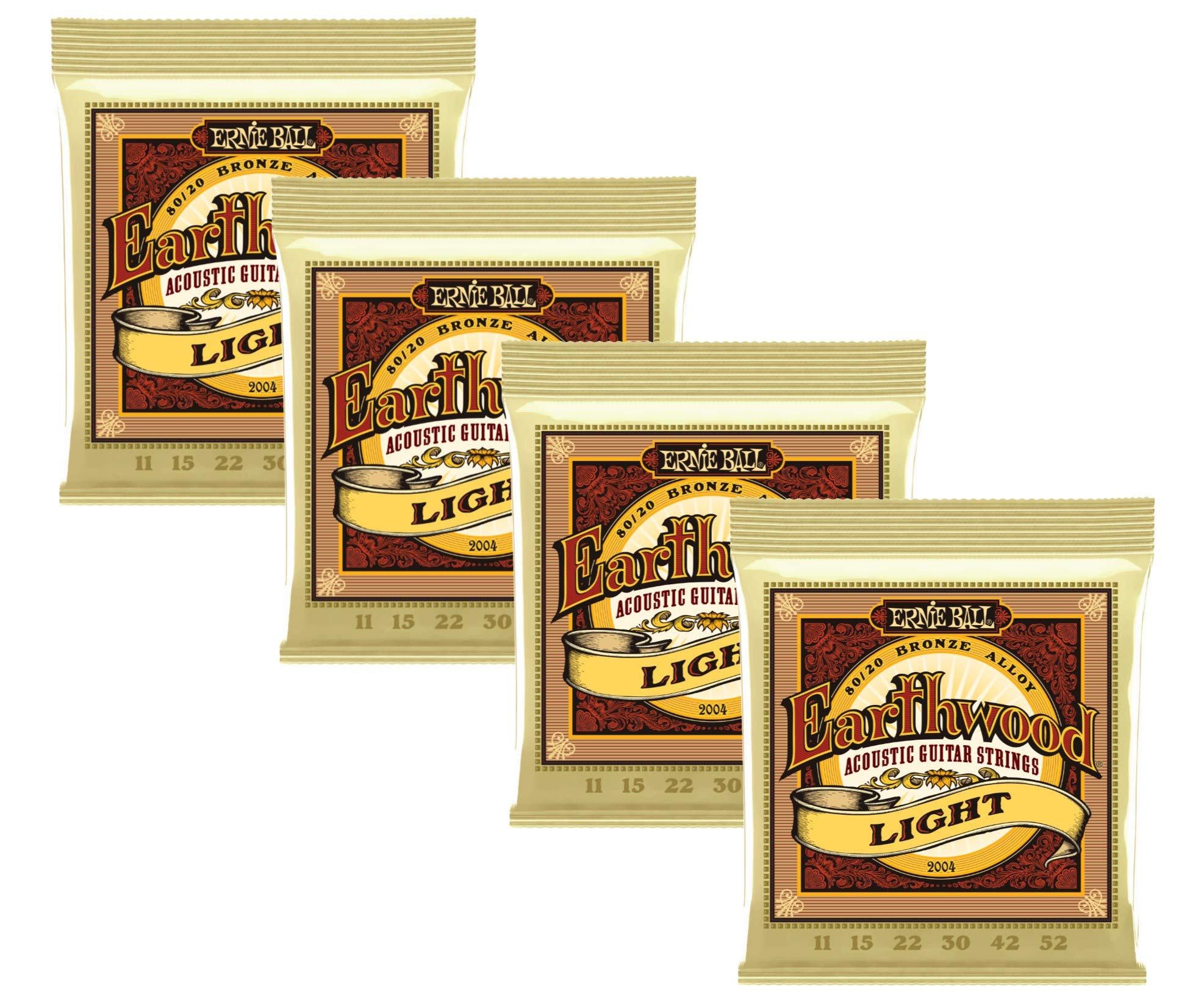 4-Pack Ernie Ball 2004 Earthwood 80/20 Bronze Light Acoustic Guitar Strings (11-52 Gauge) - Perfect for Folk, Country & Fingerstyle Playing
