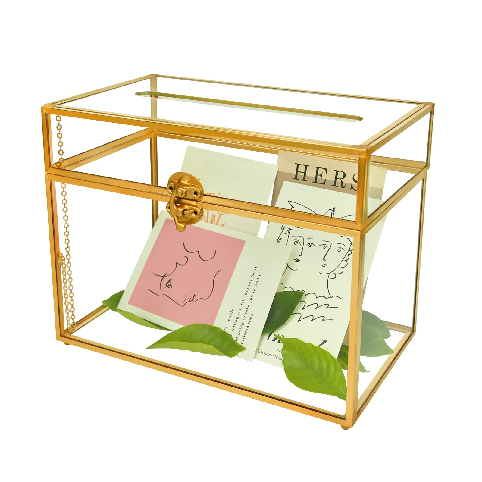 Elegant Gold Glass Card Holder - Rectangle Wedding Envelope Box with Slot & Foot, Perfect for Reception, Party Centerpiece, Gift Card Display & Home Decor