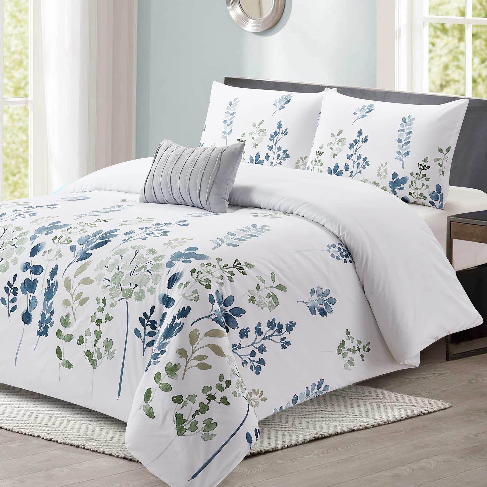 Style Quarters Queen Size Comforter Set - Watercolor Leaves & Flowers Print, 100% Polyester, 4-Piece White Bedding (1 Comforter, 2 Pillowcases, 1 Decorative Pillow) - Perfect for Master Bedroom, Guest Room & Cozy Home Decor