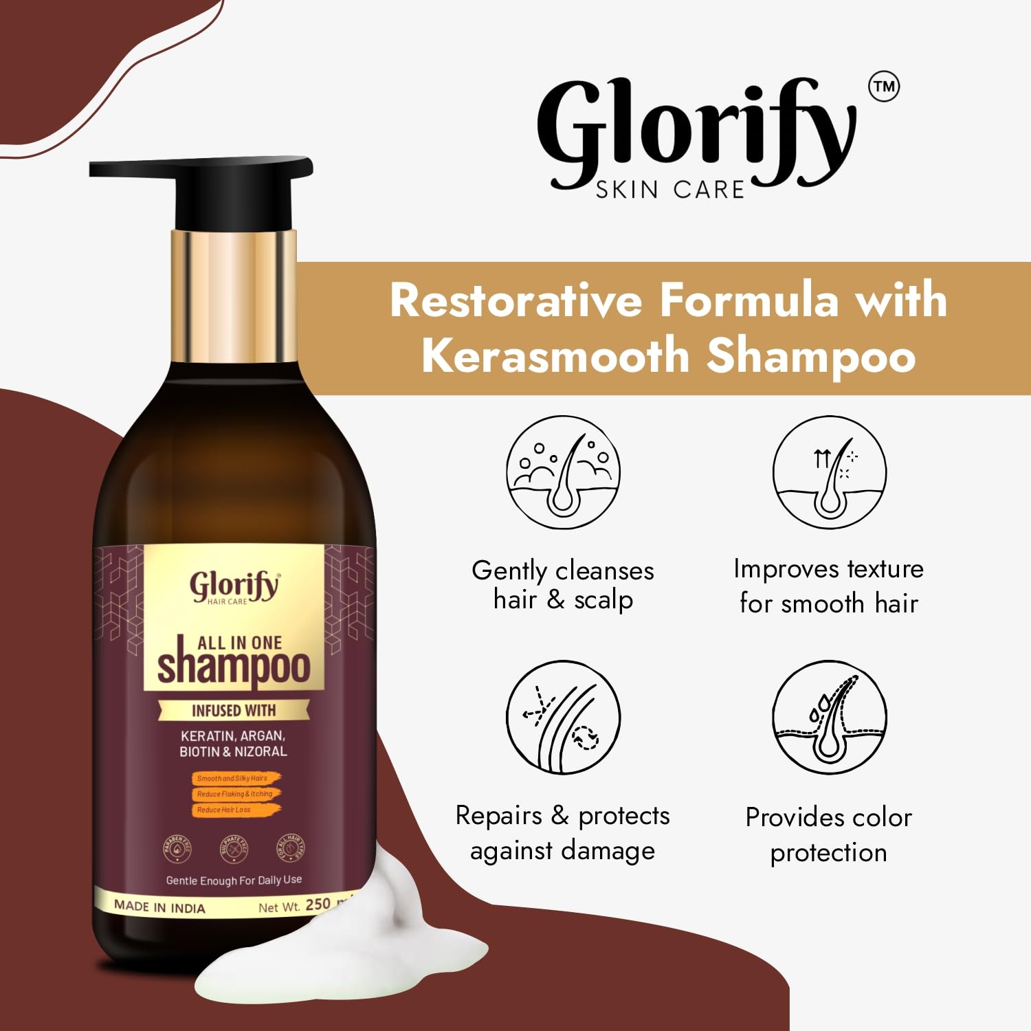 Glorify Biotin Shampoo with Keratin & Collagen for Hair Growth & Strength | Volumizing & Anti-Dandruff Shampoo | Reduces Itching & Repairs Damaged Hair | Controls Hair Loss for Men & Women | 250ml | Perfect for Daily Use & Hair Care Routine
