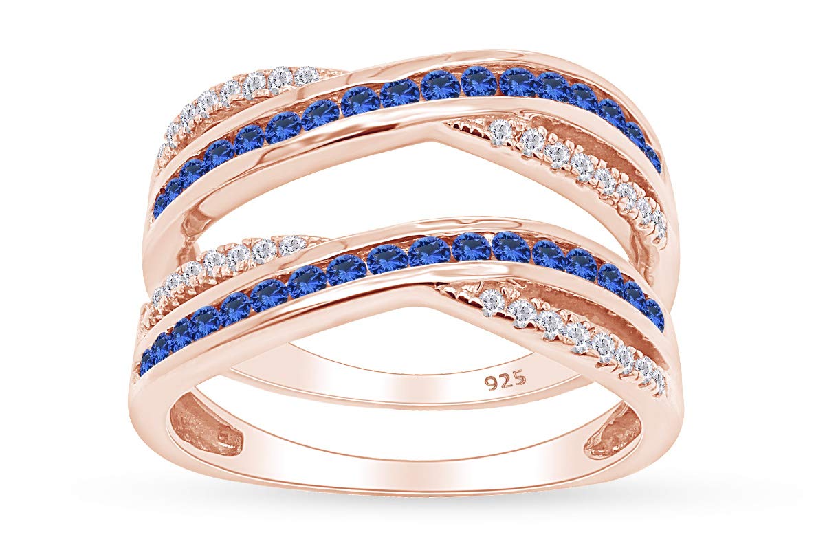 14k Gold Over Sterling Silver Round Simulated Blue Sapphire & Natural Diamond Wedding Band Ring Guard Enhancer for Women | Elegant Bridal Jewelry, Anniversary Gift, Promise Ring | Perfect for Weddings, Engagements & Special Occasions