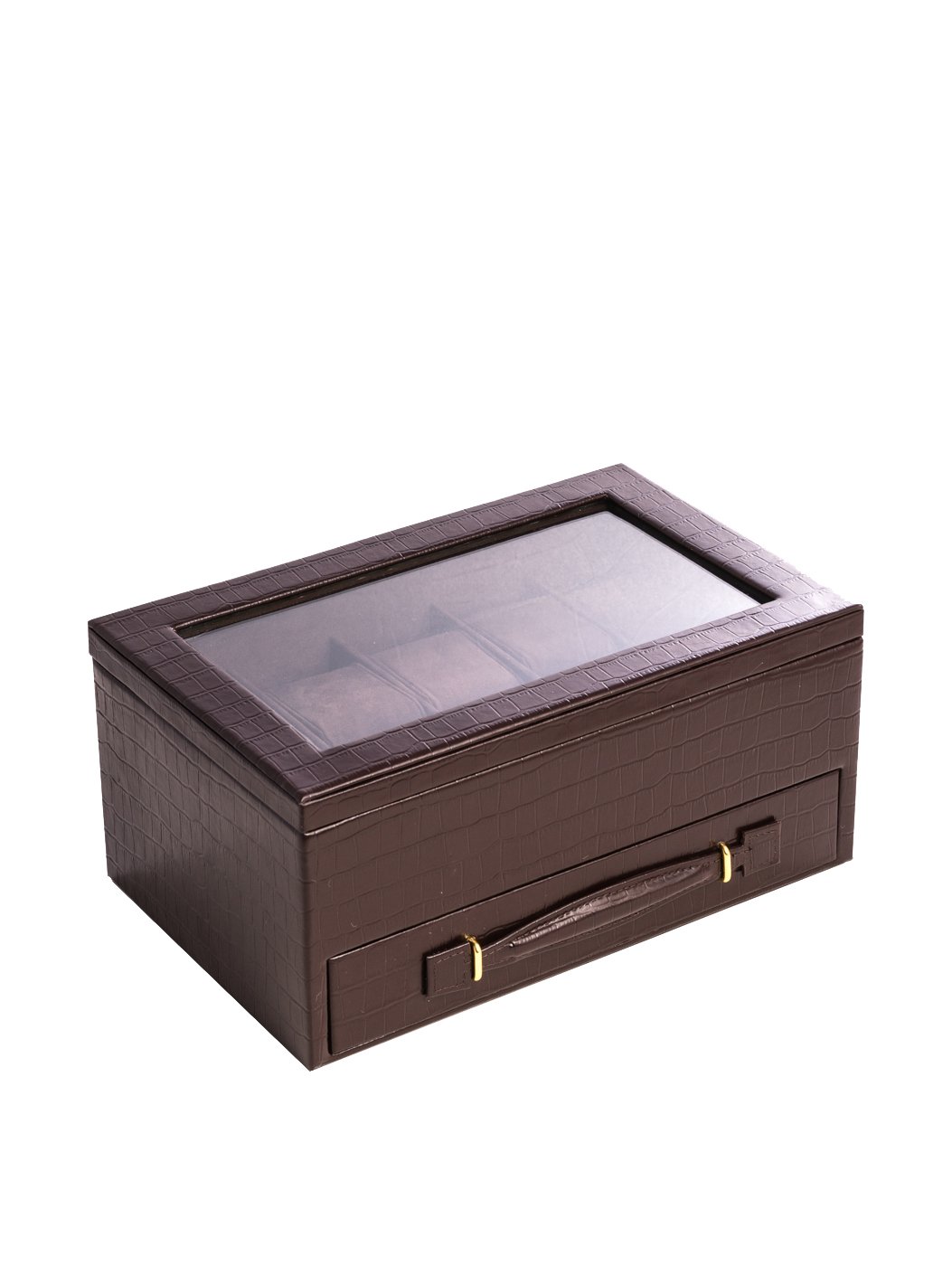 Bey-Berk BB547BRW Brown Crocodile Leather Watch Box with Drawer - Holds 5 Watches, Pens & Accessories - Clear Glass Top Display Case - Perfect for Watch Collectors & Jewelry Storage