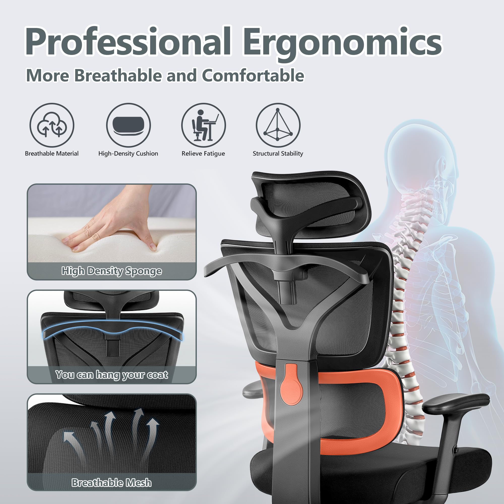 Ergonomic High Back Office Desk Chair - Reclining Gaming Chair with Breathable Mesh, Adjustable Lumbar Support & Armrests for Big and Tall Users (Orange) - Perfect for Home Office, Gaming & Workspaces