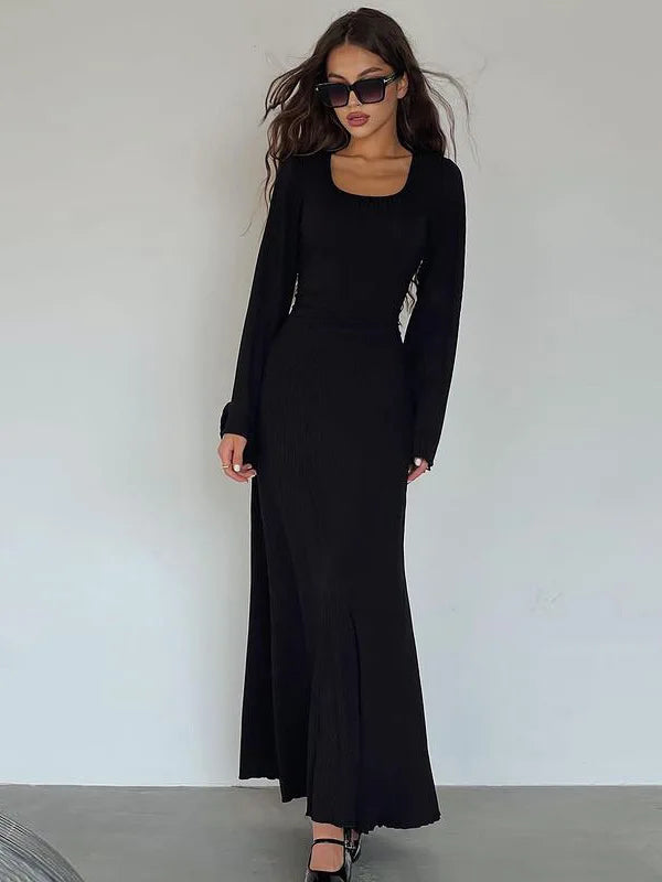 Women's Square Neck Flare Sleeve Lace-Up Waist Bodycon Dress - Autumn Winter Slim Fit Party Club Streetwear for Date Night & Holiday Outfits