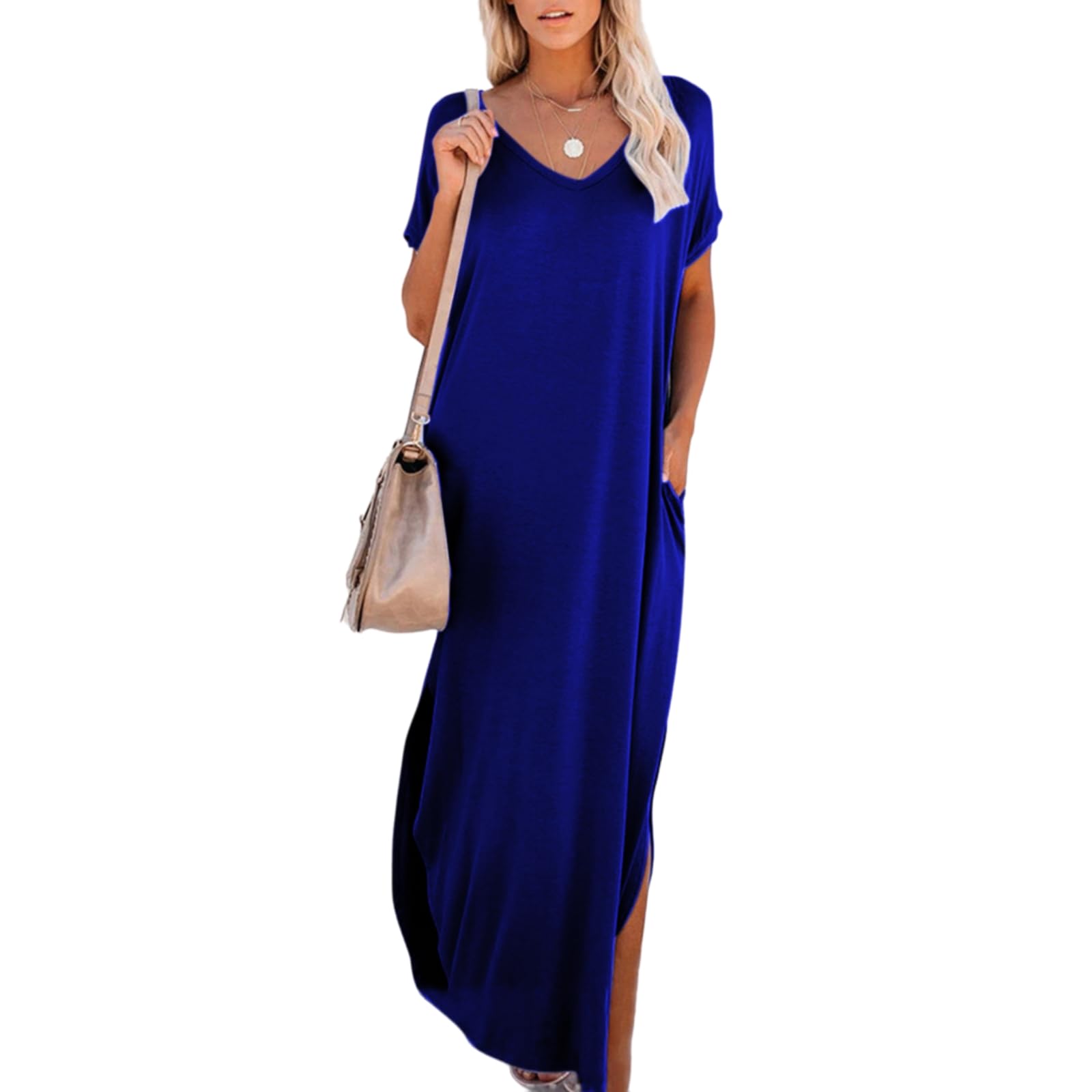 Women's Summer Maxi Dress - Casual V-Neck Short Sleeve T-Shirt Dress in Solid & Striped Patterns | Sexy High Slit Beach Swing Dress for Vacation, Pool Party, and Outdoor Date Night
