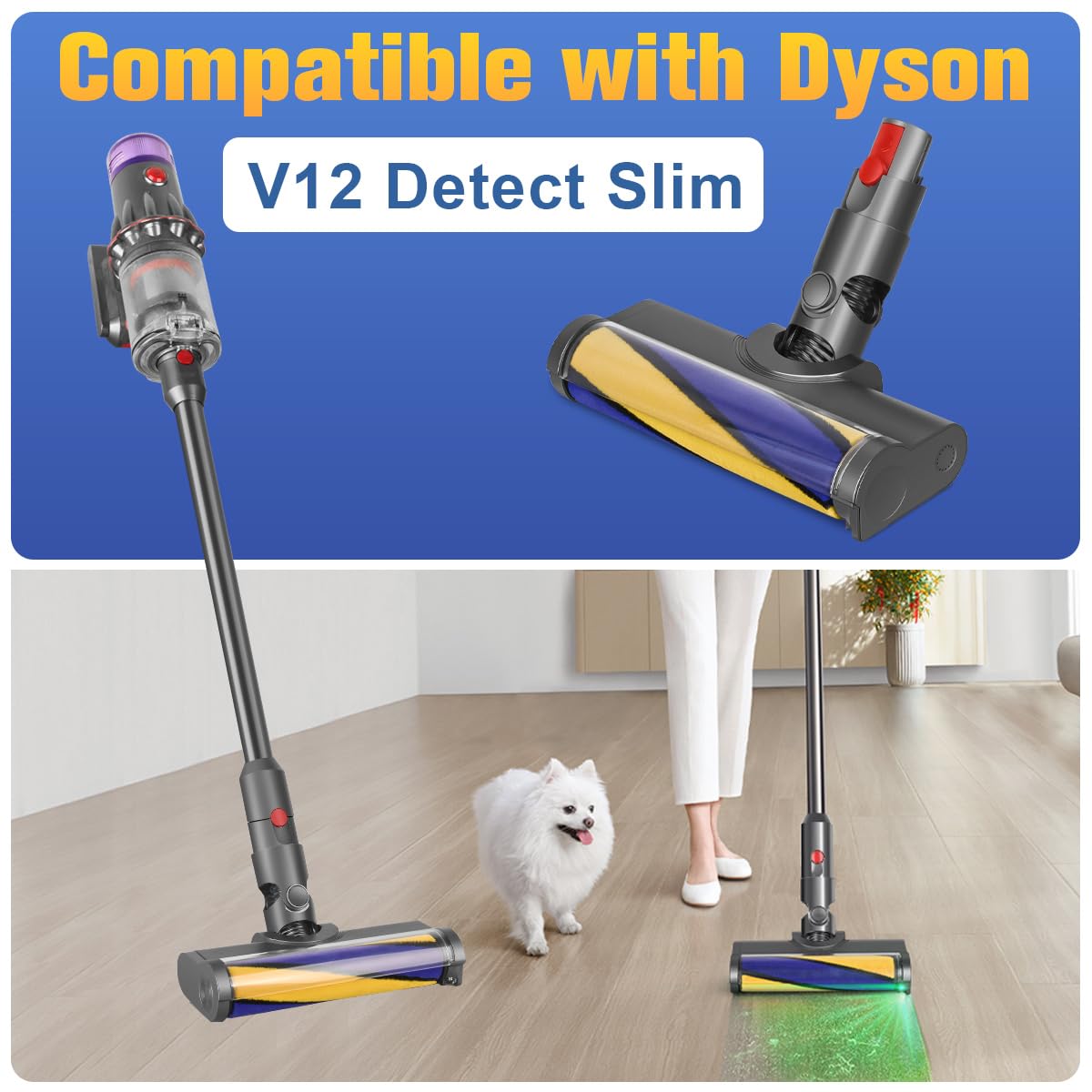 FUNTECK LED Soft Roller Clean Head - Compatible with Dyson V12 Detect Slim Vacuum, Green Light Hard Floor Attachment for Dust & Debris Detection | Perfect for Hardwood, Tile & Laminate Floors