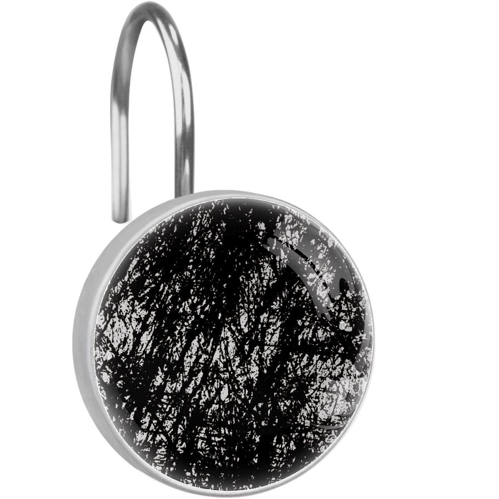 12 Pack Black Splatter Design Shower Curtain Hooks - Rustproof Bathroom Decor Hooks for Bath, Shower, and Closet Organization - Durable Metal Hooks with Unique Artistic Pattern