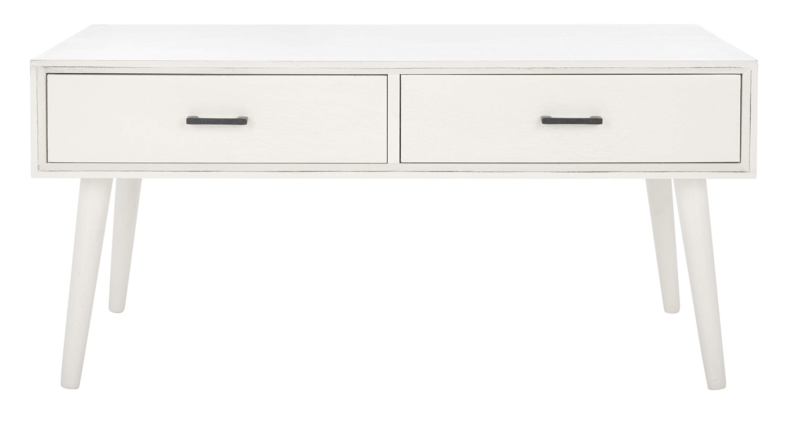 SAFAVIEH Home Collection Mozart Mid-Century Distressed White 2-Drawer Rectangle Coffee Table - Vintage Living Room Furniture for Small Spaces & Modern Apartments