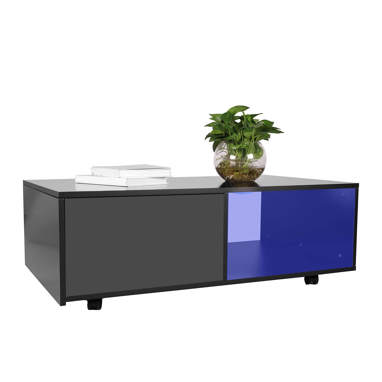 Modern LED Coffee Table with Drawers & Wheels - High Gloss Rectangle Sofa Side Table with Storage Shelf & LED Lights for Living Room, Office - Perfect for Small Spaces, Movie Nights & Stylish Home Decor (Black)