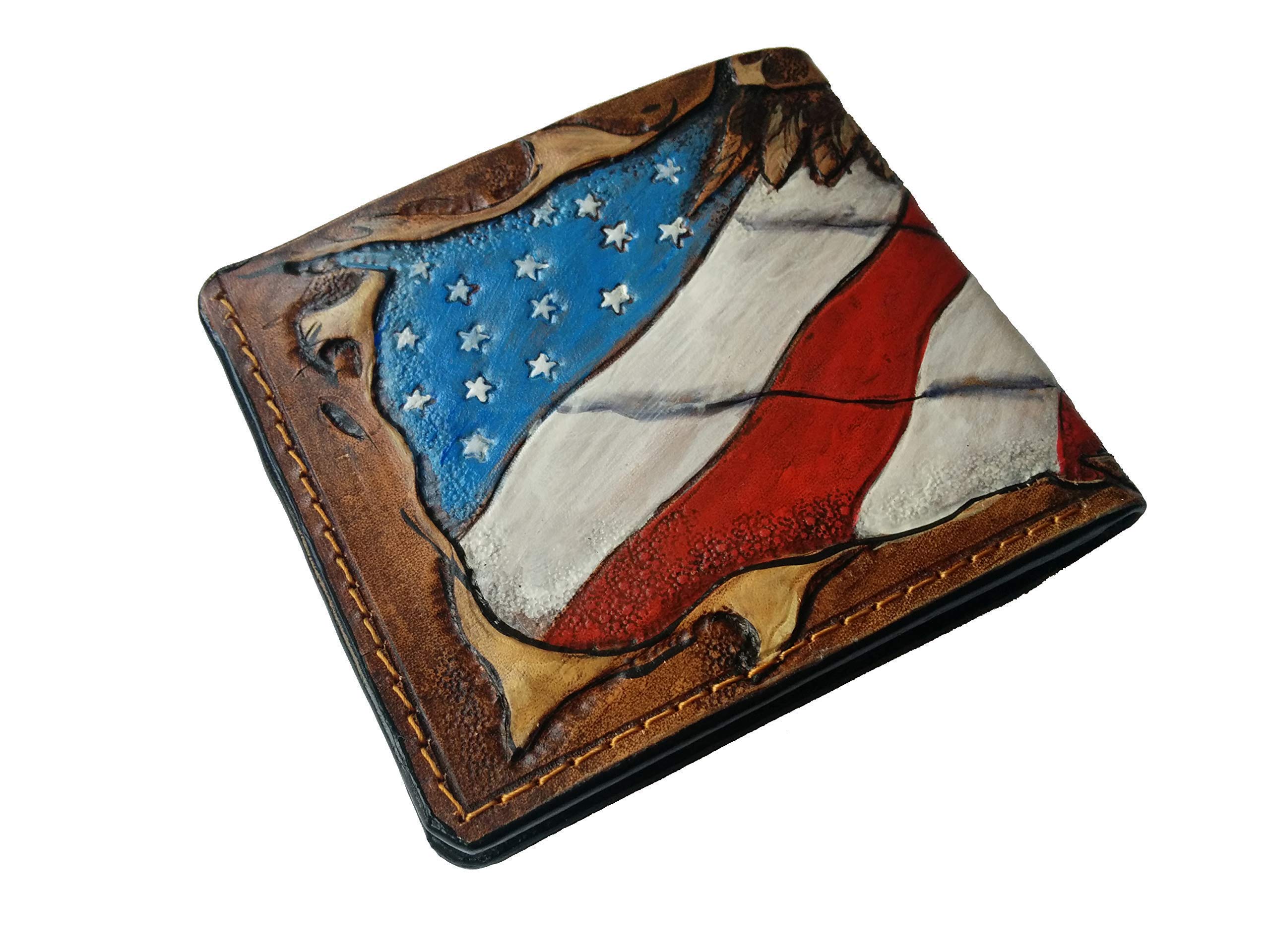 USA Flag Patriotic Military RFID Bifold Wallet for Men - Genuine Leather Handmade Biker Wallet with Bald Eagle & American Flag Embossed Design - Perfect for Veterans, Independence Day & Everyday Carry