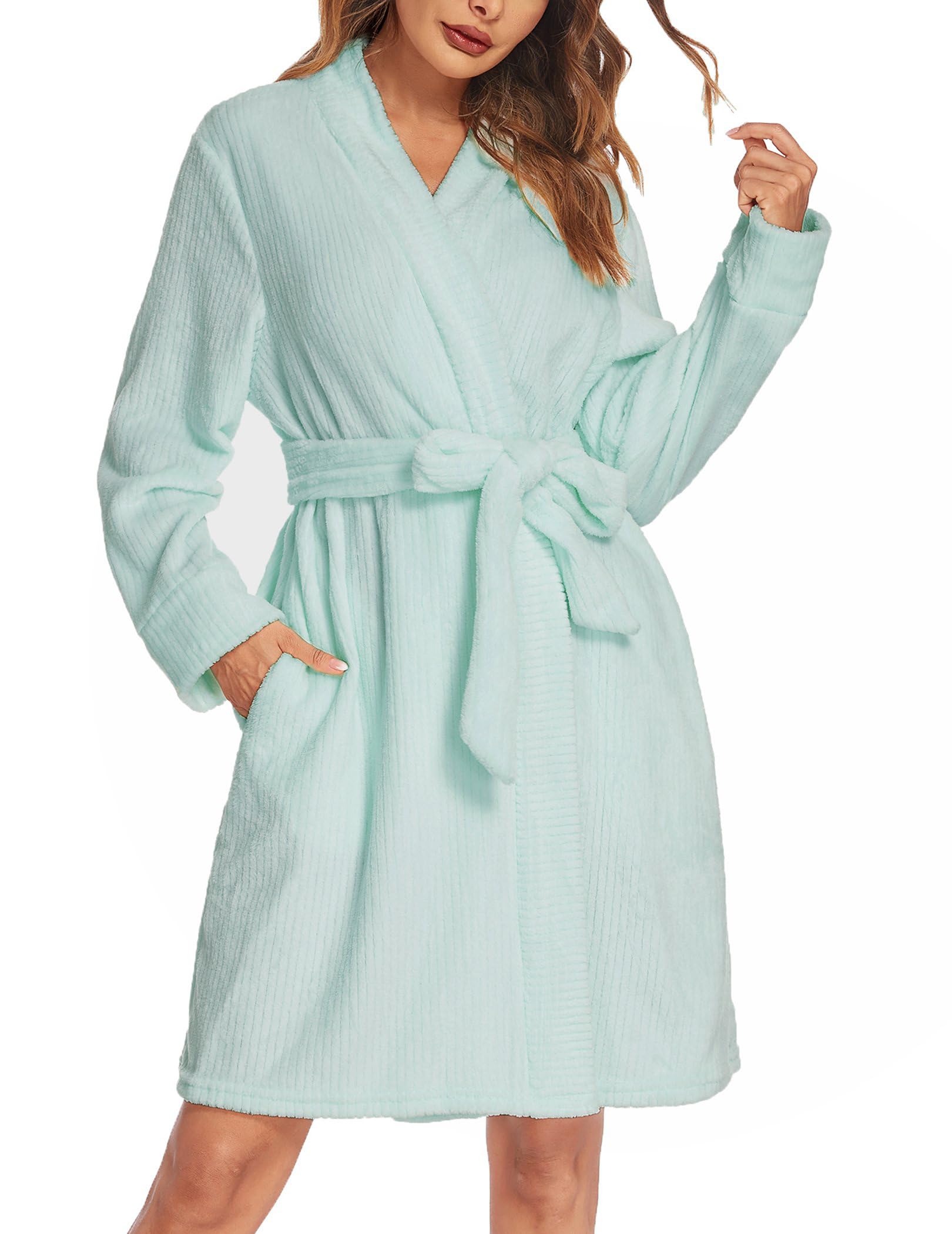 Ekouaer Women's Plush Fleece Bathrobe - Soft Knee-Length Warm Robe with Pockets for Spa, Lounge & Home Relaxation (Sizes S-XXL)