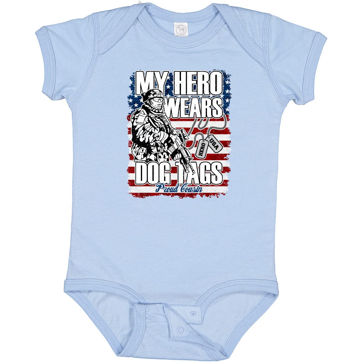 Inktastic My Cousin Wears Dog Tags Hero USA Flag Baby Bodysuit - Patriotic Military Apparel for Infants & Toddlers - Perfect for Memorial Day, Veterans Day & Family Gatherings