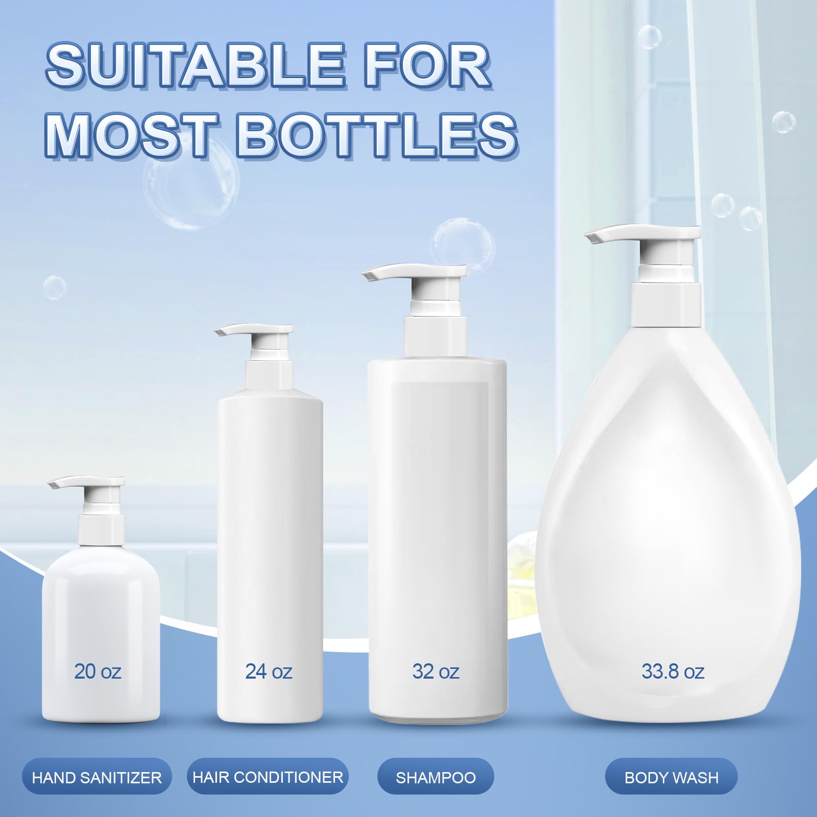 2-Pack Leak Proof Shampoo Dispenser Pump with Adjustable Tube - Fits 1-Inch Bottle Mouth (33.8 oz) - White Plastic for Shampoo, Conditioner & Liquid Soap - Perfect for Bathroom, Salon & Travel Use