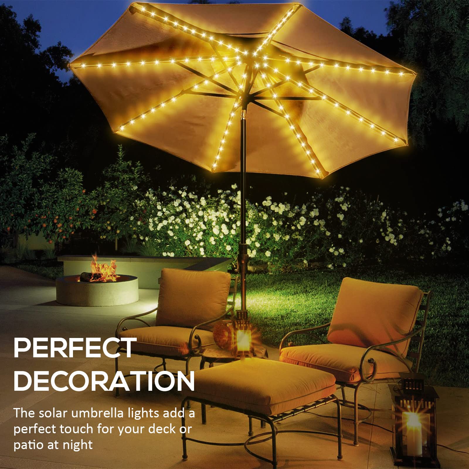 Solar Powered Patio Umbrella Lights - 8 Lighting Modes with Remote Control, Waterproof Outdoor String Lights for Garden, Beach, Tent & Party Decorations | Perfect for Patio Dining, Backyard BBQs and Evening Gatherings