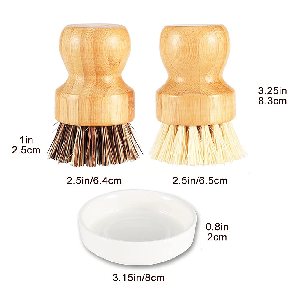 Natural Bamboo Scrub Brush Set - 4 Pack Eco-Friendly Dish Brush with Ceramic Holder for Pots, Pans & Vegetables | Gentle Cleaning for Kitchen Sink, Countertops & Cookware | Perfect for Daily Dishwashing & Organic Food Prep