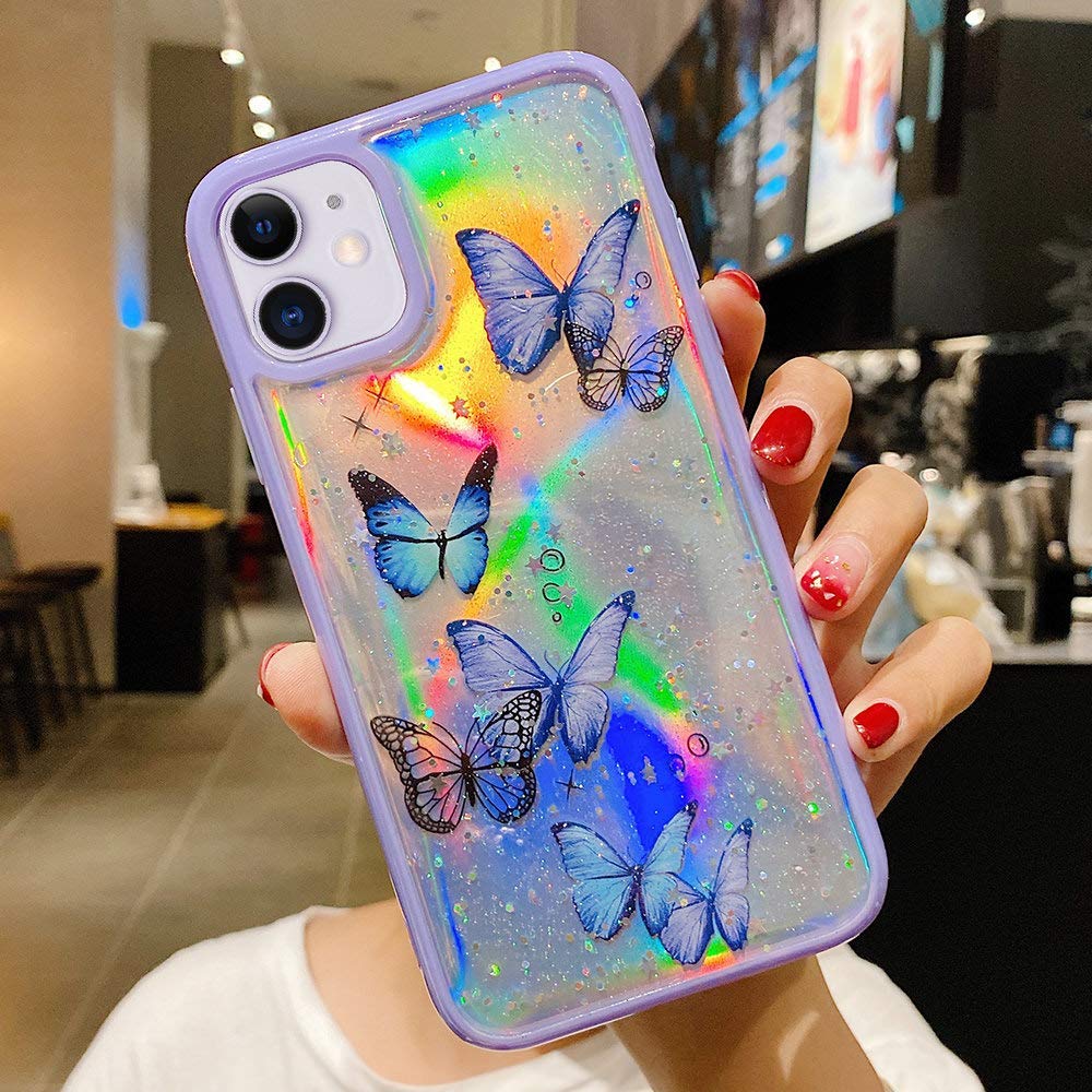 **LCHULLE Cute Iridescent Butterfly Glitter Case for iPhone 12 Pro Max – Soft TPU Bumper with Laser Bling Stars, Drop Protection – Trendy Girly Phone Cover for Women & Girls (Purple) | Perfect for Everyday Use, Parties & Gift Giving**