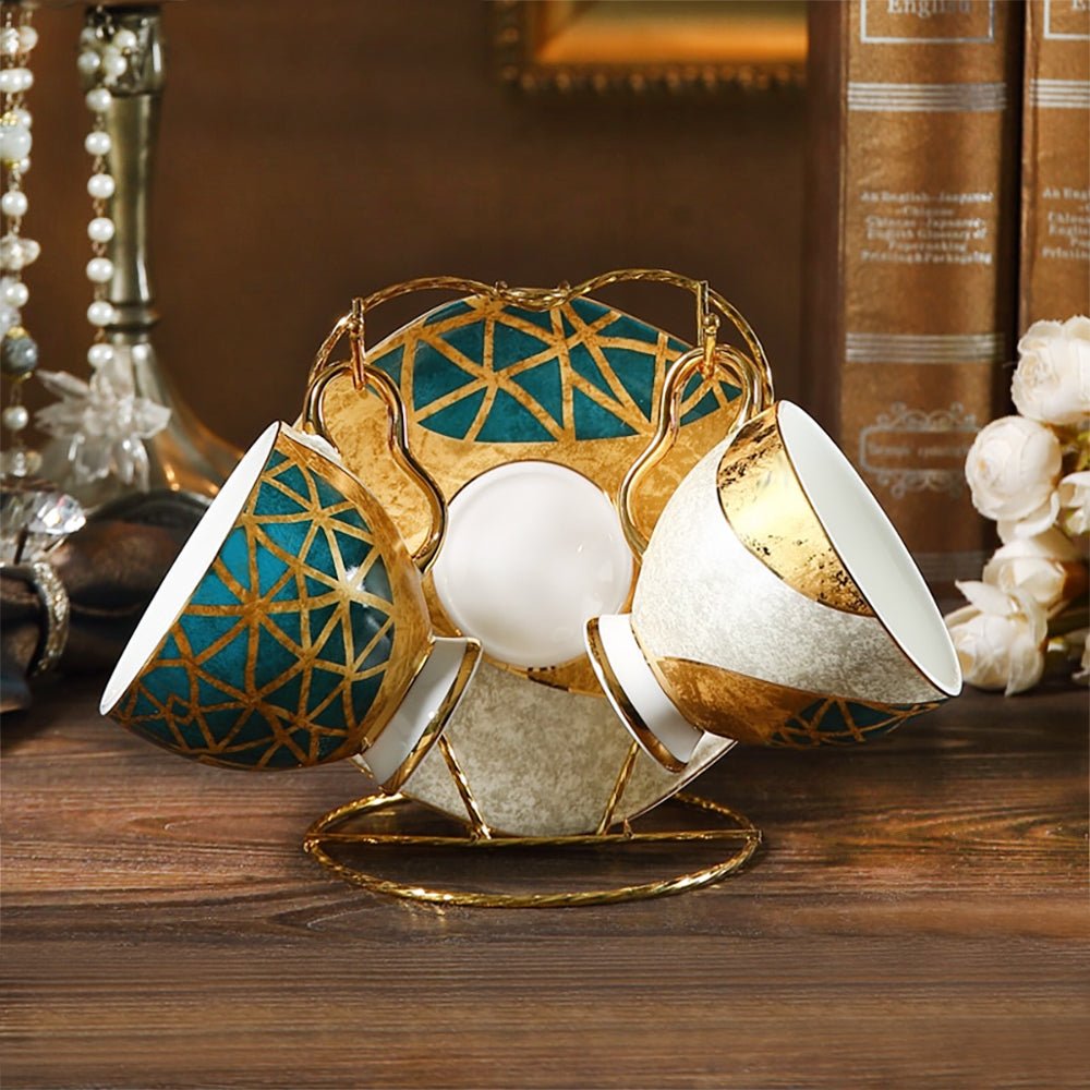 Premium Golden Beach Cups and Saucers Set - Elegant Porcelain Coffee & Tea Cups with Saucers - Perfect for Beach Parties, Picnics, and Outdoor Entertaining