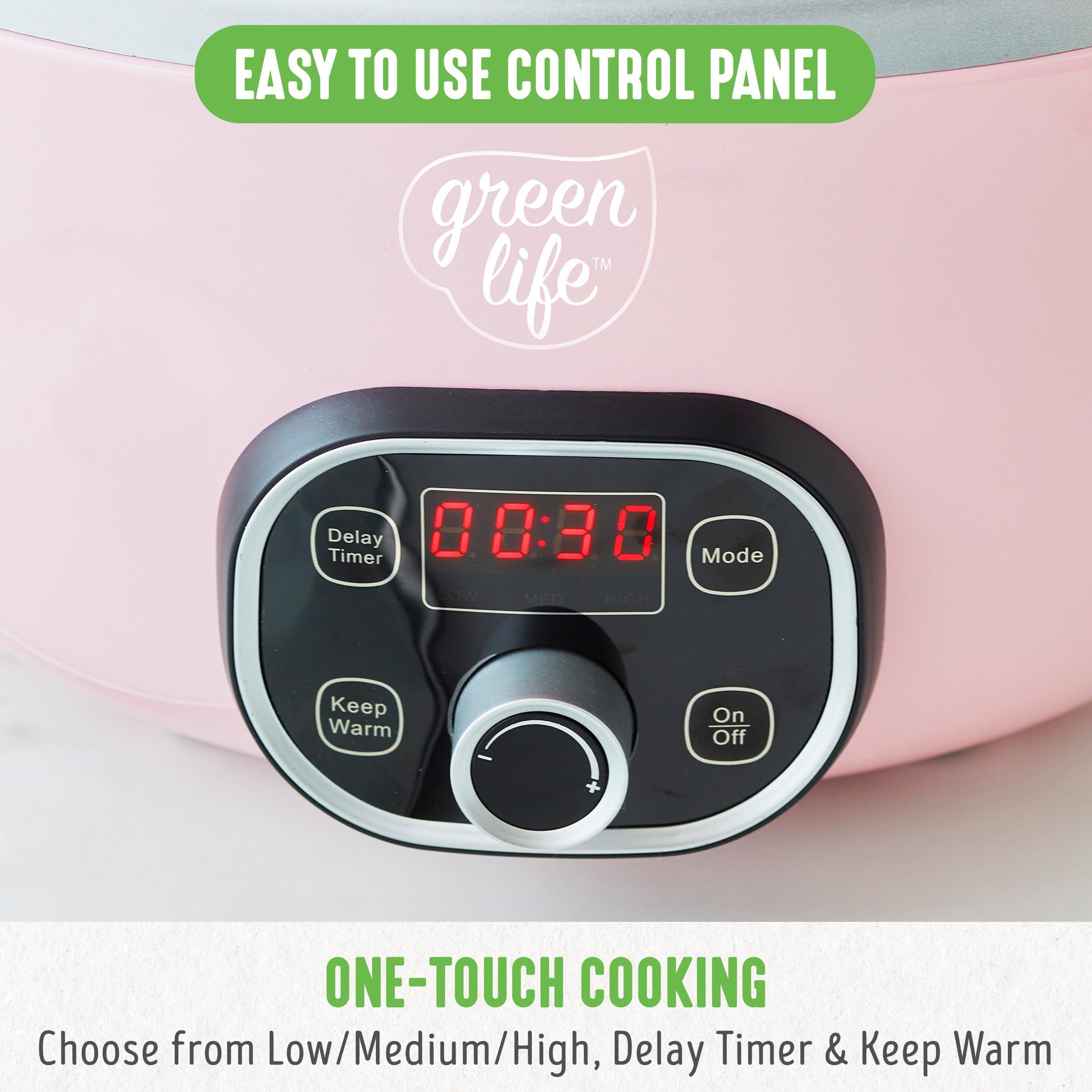 GreenLife 6 Quart Ceramic Slow Cooker | PFAS-Free Programmable Crock Pot with Removable Nonstick Pot & Digital Timer | Stovetop Safe, Dishwasher Safe Glass Lid | Perfect for Family Dinners, Meal Prep & Holiday Cooking (Pink)