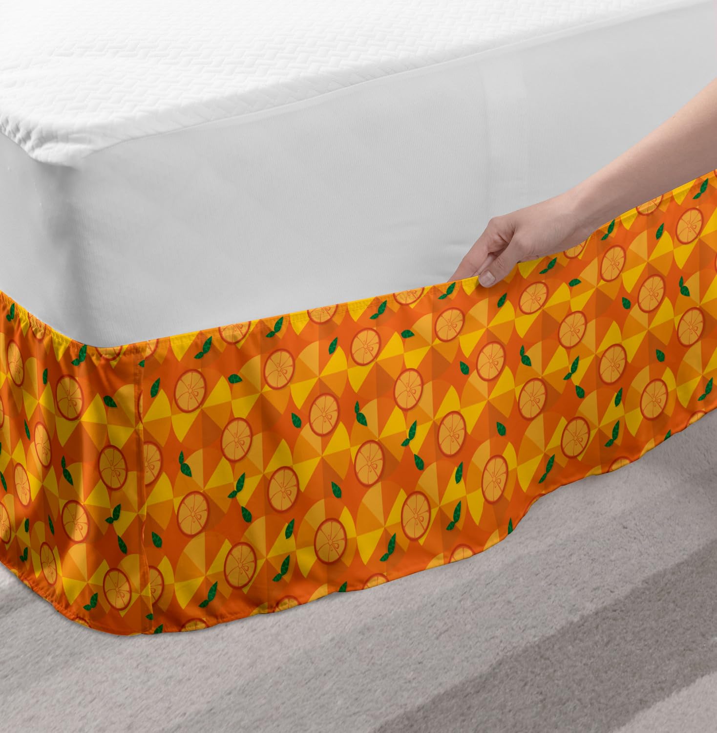 Ambesonne Elastic Bed Skirt - Citrus Slices Design, Wrap Around Dust Ruffle for King Size Beds, Earth Yellow & Marigold | Perfect for Bedroom Decor & Guest Room Styling