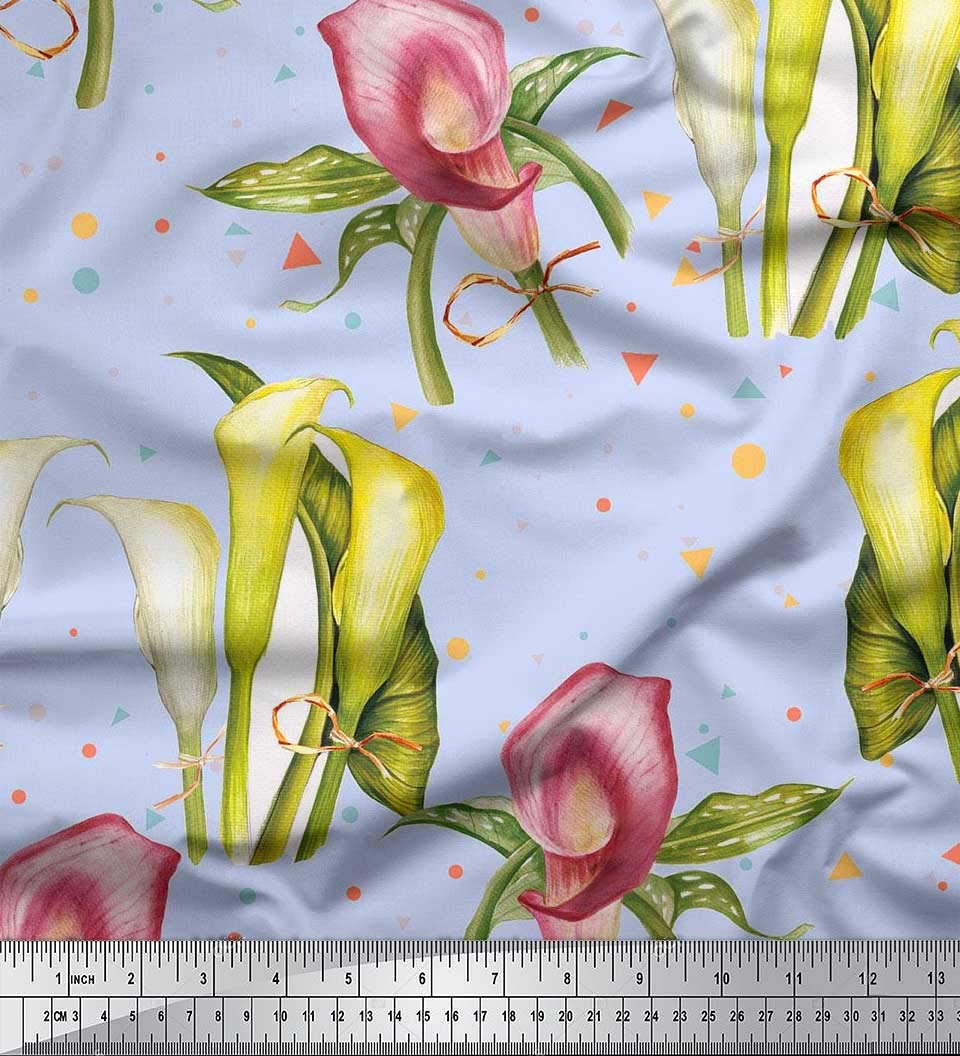 Soimoi Blue Viscose Chiffon Fabric by The Yard - 42 Inch Wide - Floral Pattern with Triangles, Leaves & Lilies - Printed Fabric for Dresses, Scarves & Home Decor | Perfect for DIY Fashion & Decorative Pillows