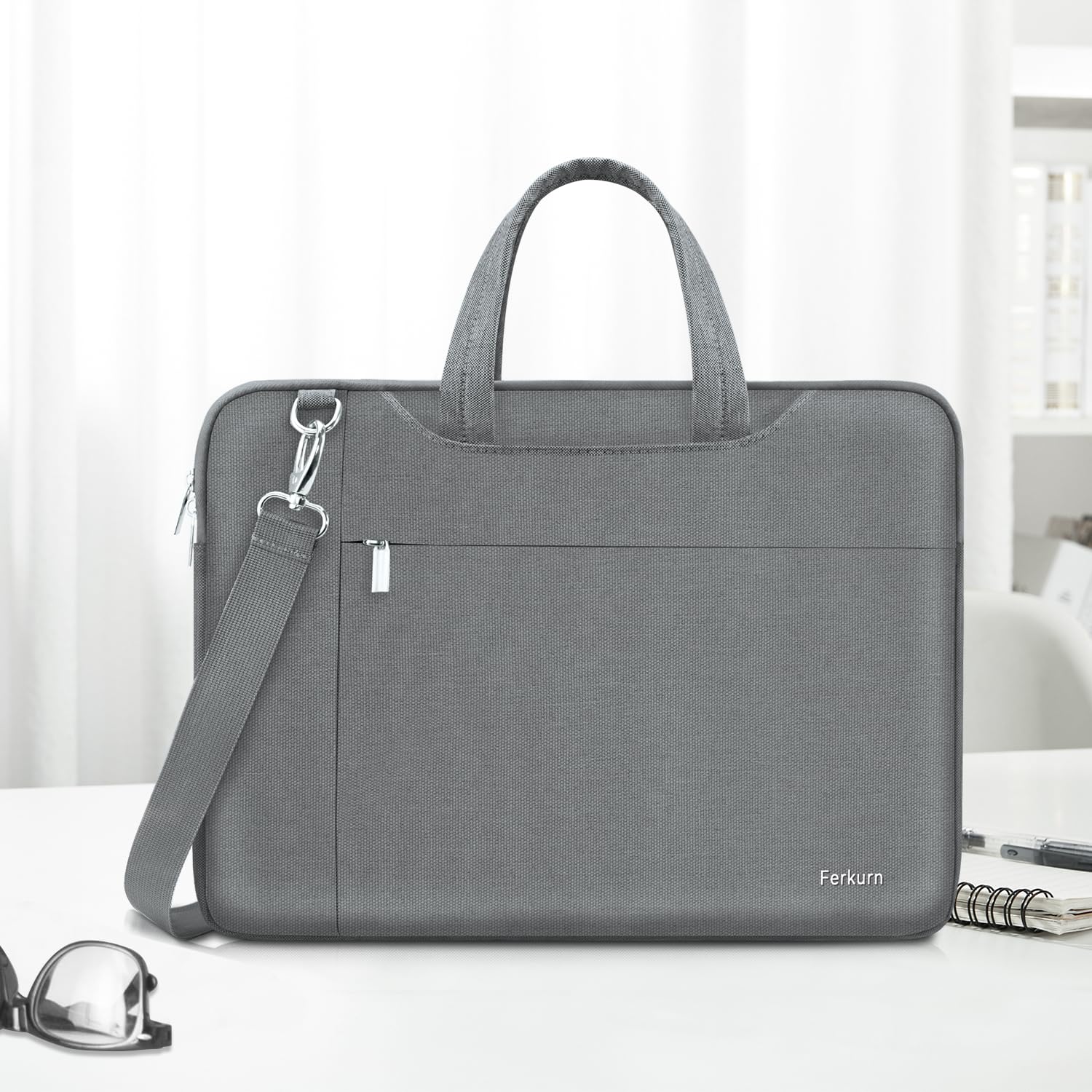Ferkurn 14 Inch Laptop Bag Case for Women & Men, Stylish Laptop Sleeve & Briefcase with Shoulder Strap, Compatible with MacBook Pro/Air, HP Chromebook, Dell XPS, ASUS, Acer, Samsung, Grey - Perfect for Work, Travel & School