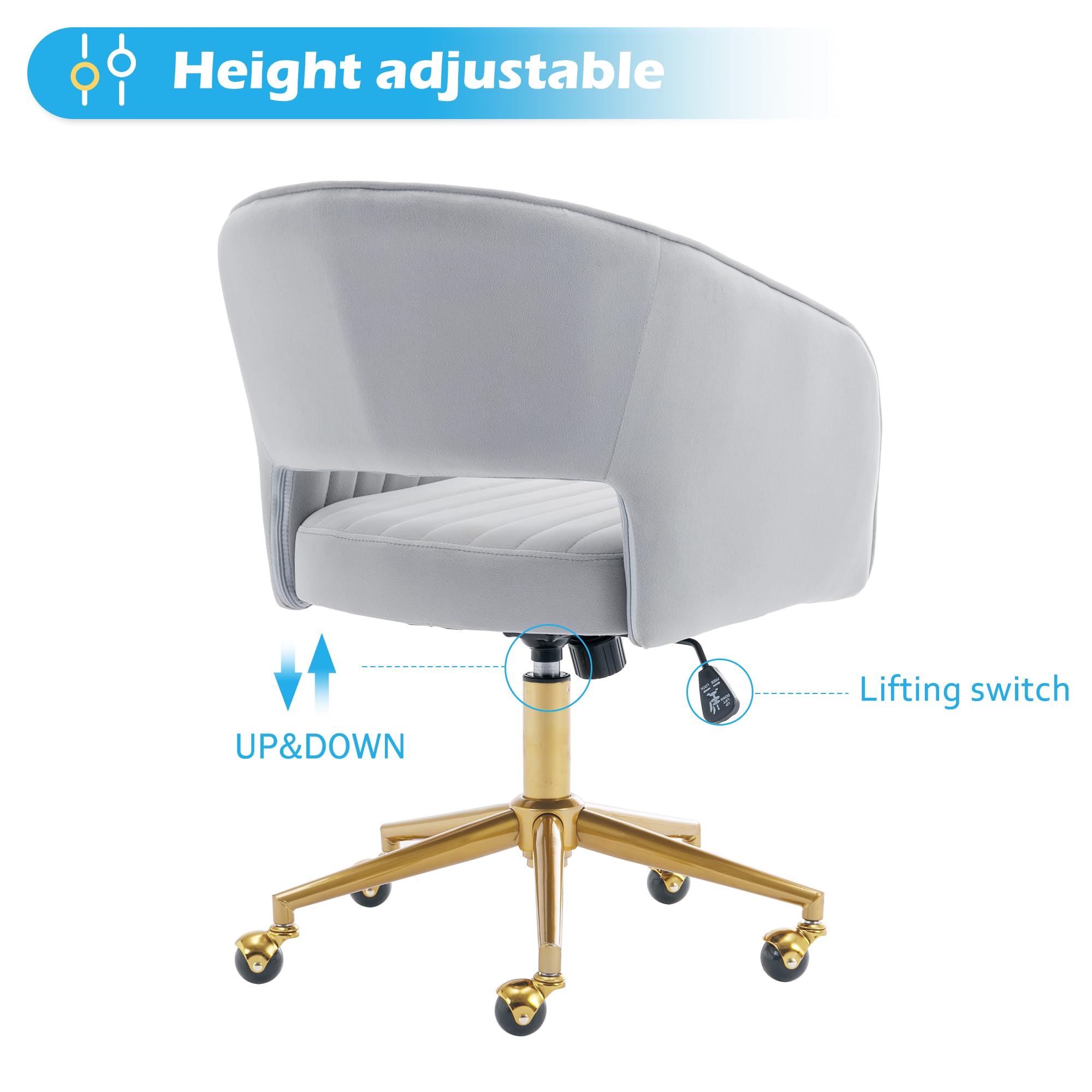 Ergonomic Velvet Swivel Office Chair with Gold Base - Modern Tufted Upholstered Desk Chair for Women, Girls, Home & Study - Comfortable Computer Task Stool for Living Room, Bedroom & Home Office (Light Gray)